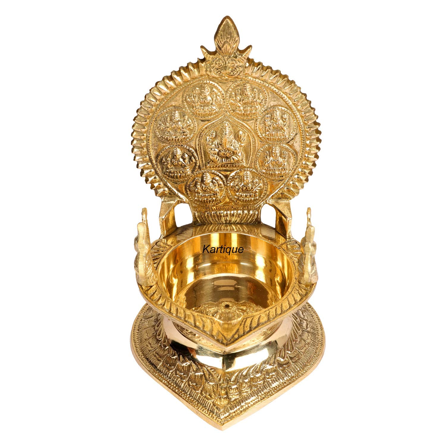 Kartique Brass Ganesh Diya with Intricate Carvings of Laxmi ji- 7 Inch Height, Antique Gold Finish Oil Lamp for Home Dcor, Pooja
