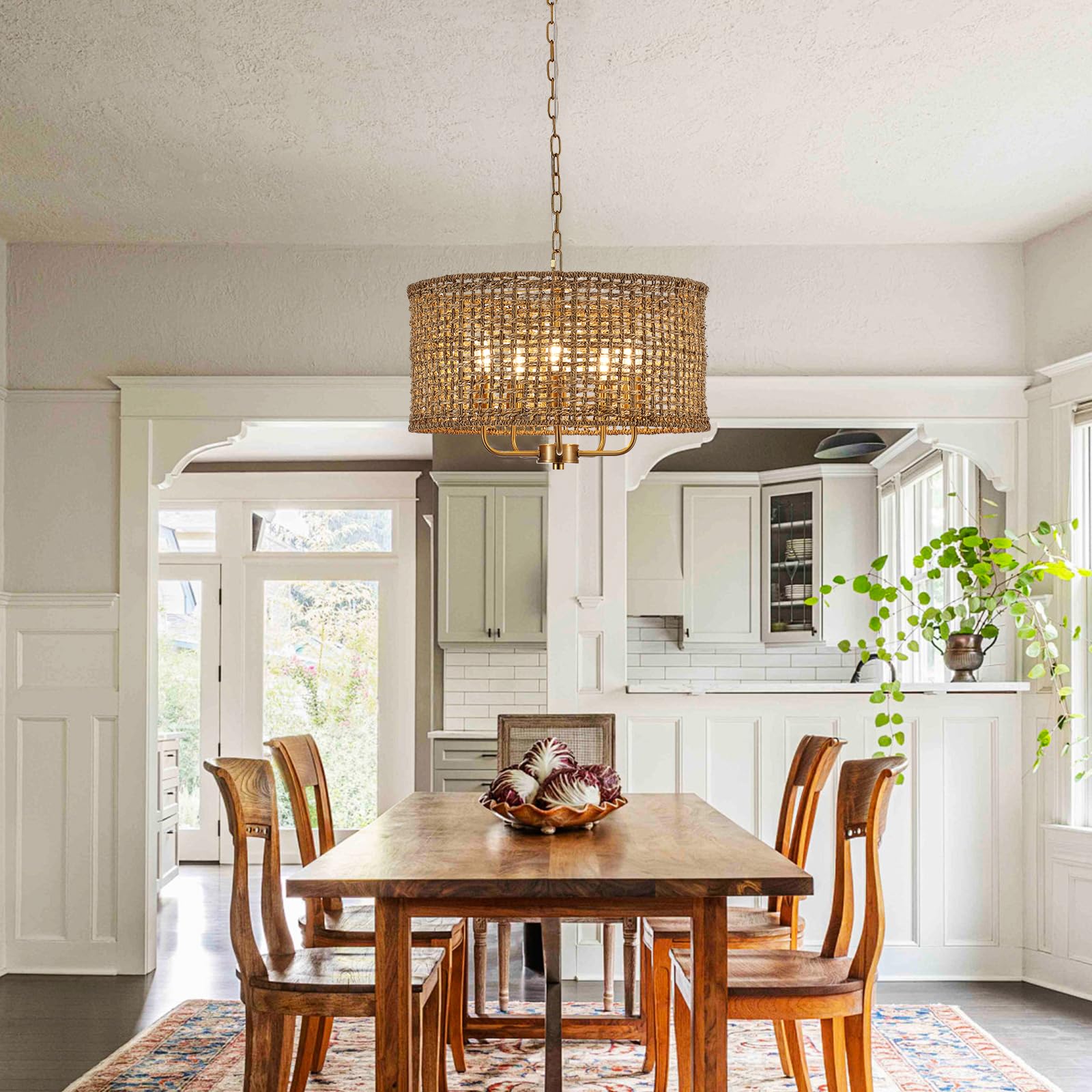 YOMECOO Hand-Woven Rattan Chandelier, 5-Lights Drum Design, Vintage Gold, MD206-Golden, Perfect for Dining Room & Kitchen Island