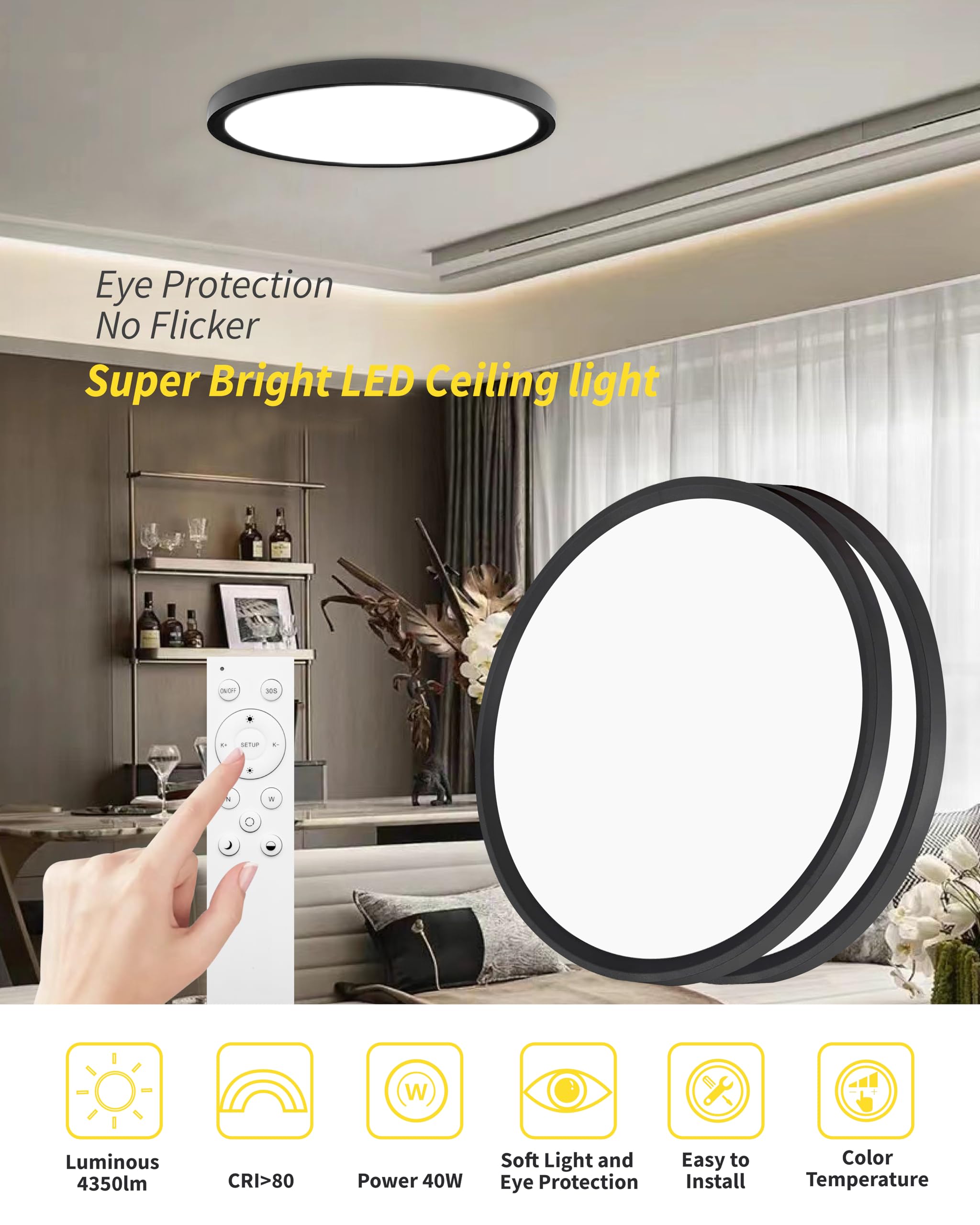 Bright Future Lighting 20 Inch LED Flush Mount Ceiling Light Panel, Dimmable, 40W, 4350LM, Adjustable Color, Black, 2Pack