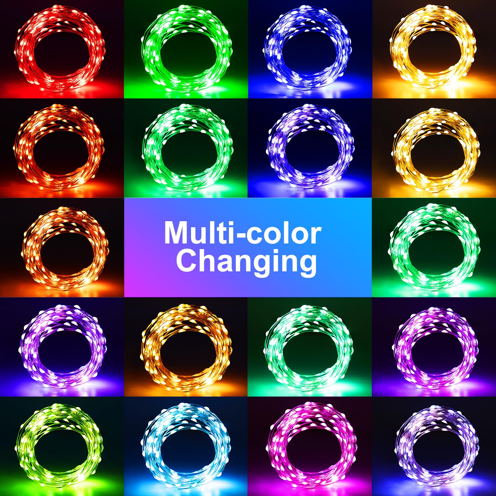 echosari 2 Pack Fairy Lights, 66Ft 200 LED RGB Color Changing & Warm White, Copper Wire, Model ES-String Lights
