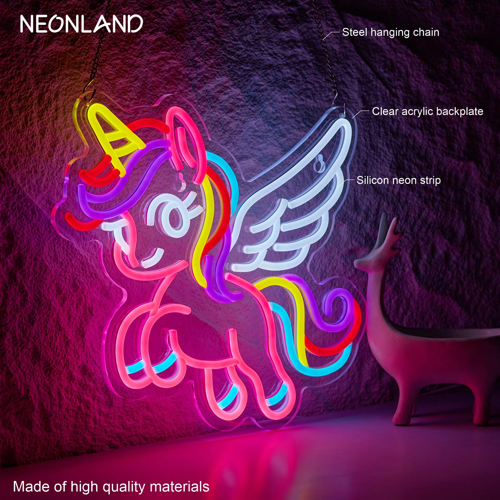 NEONLAND Unicorn Neon Sign - Pink & Purple LED Wall Decor, 16.5x12.6in, Dimmable, USB Powered, Gift for Kids & Girls