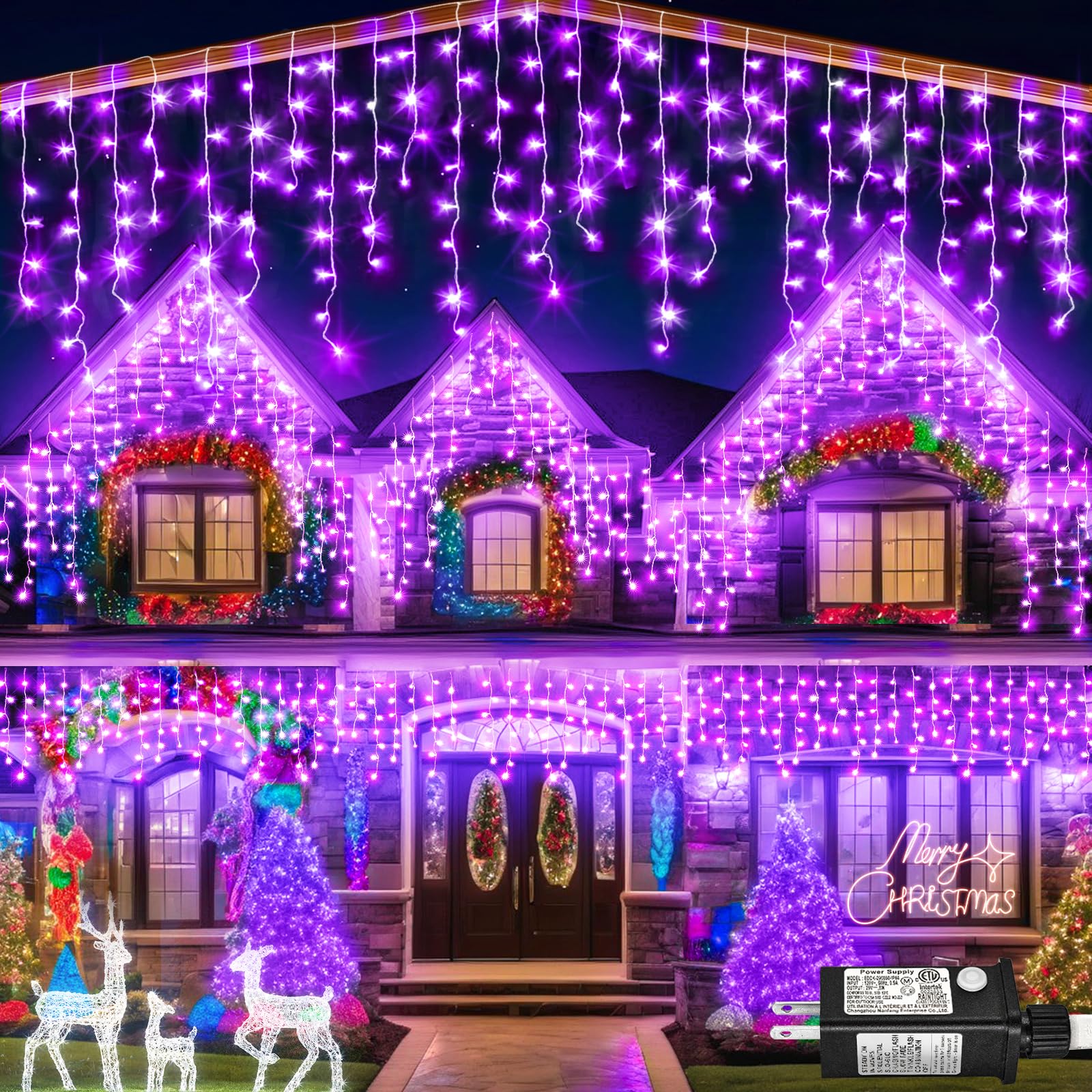 Nielfoi 400 LED Icicle Lights, 33ft Purple Outdoor String Lights, Waterproof, 8 Modes, Copper Wire for Holiday Decoration