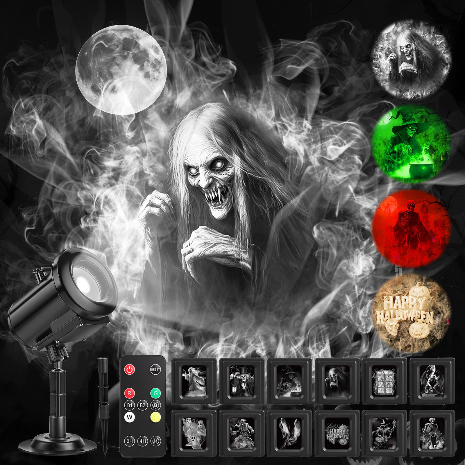 HoneyFair 12 in 1 Halloween Ghost Projector Light, 3D Dynamic, Waterproof, Black, Model SE368