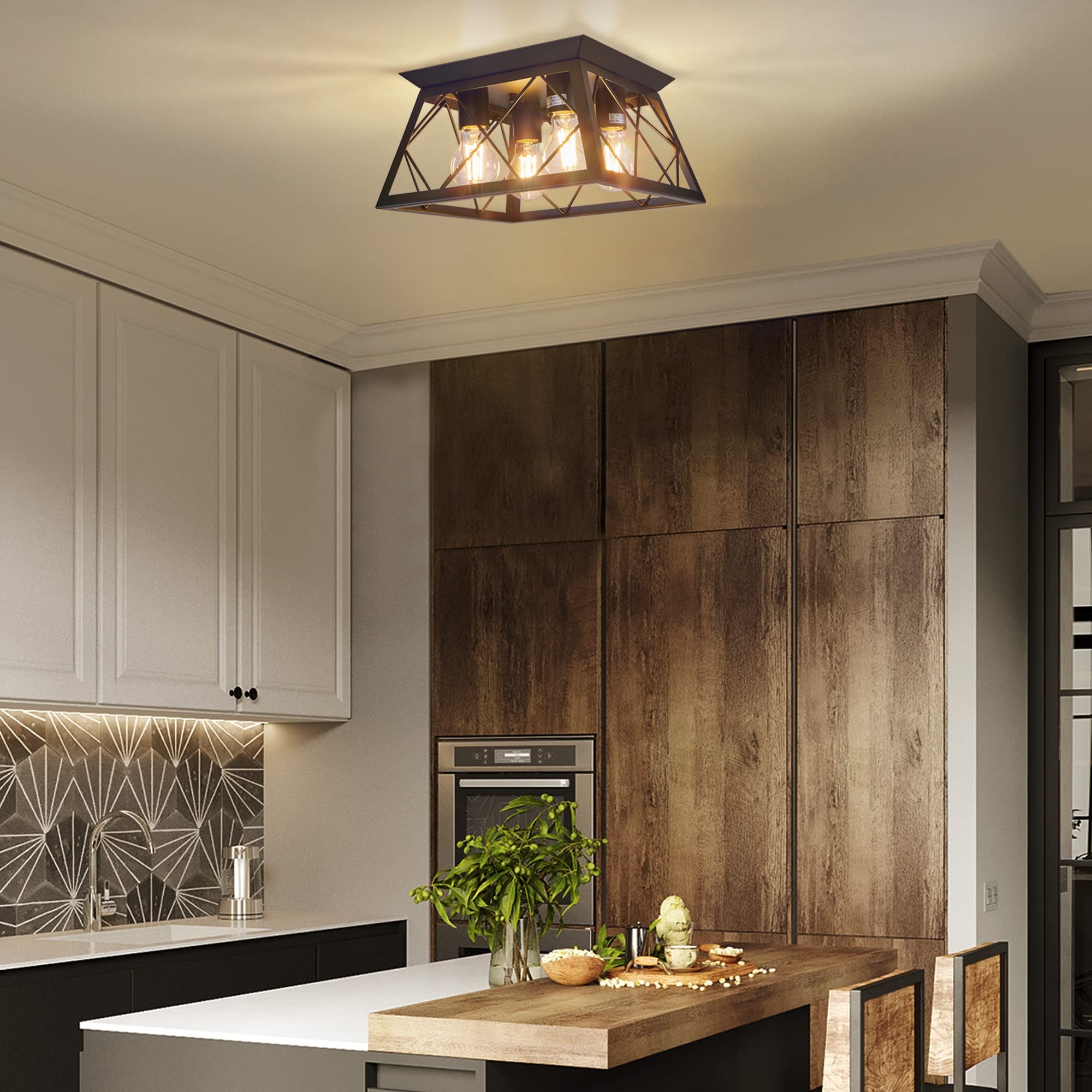Fadimikoo 4-Light Black Metal Flush Mount Ceiling Light, Industrial Square Cage Design For Kitchen, Dining Room, Living Room