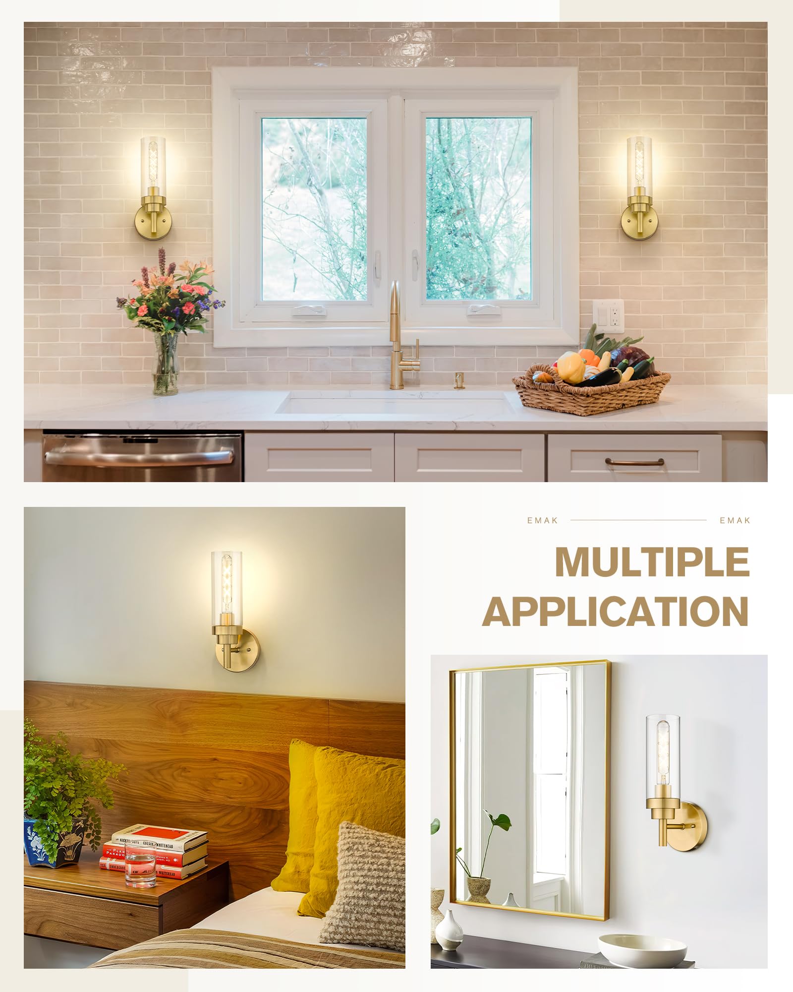 Emak Brushed Gold Sconce, Bathroom Vanity Light With Clear Glass Shade, Modern Wall Light Fixtures For Bathroom, Mirror, Hallway