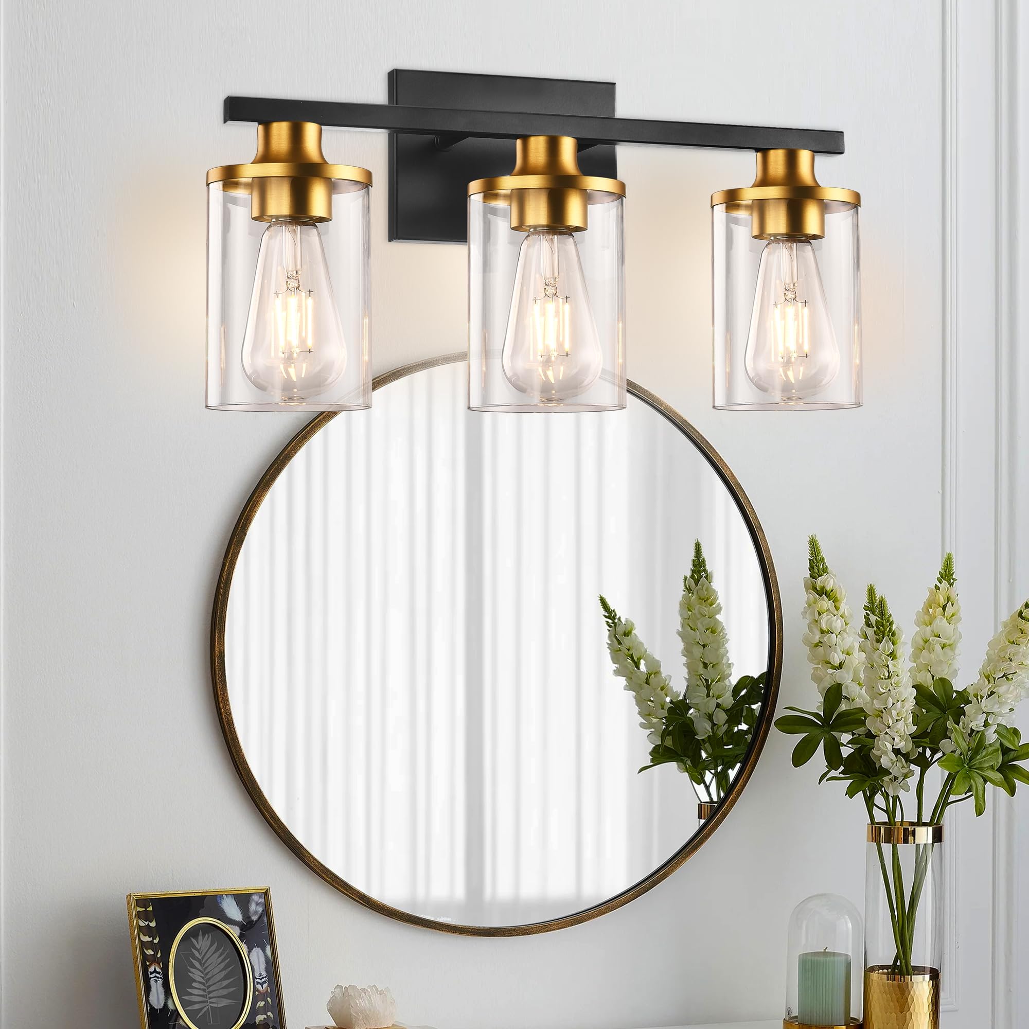 Grower 3 Light Bathroom Light Fixtures, Black Vanity Light For Bathroom, Bathroom Vanity Lights Over Mirror With Clear Glass Shade, Vanity Lighting Fixtures, Wall Lamp Sconces For Bedroom, Porch