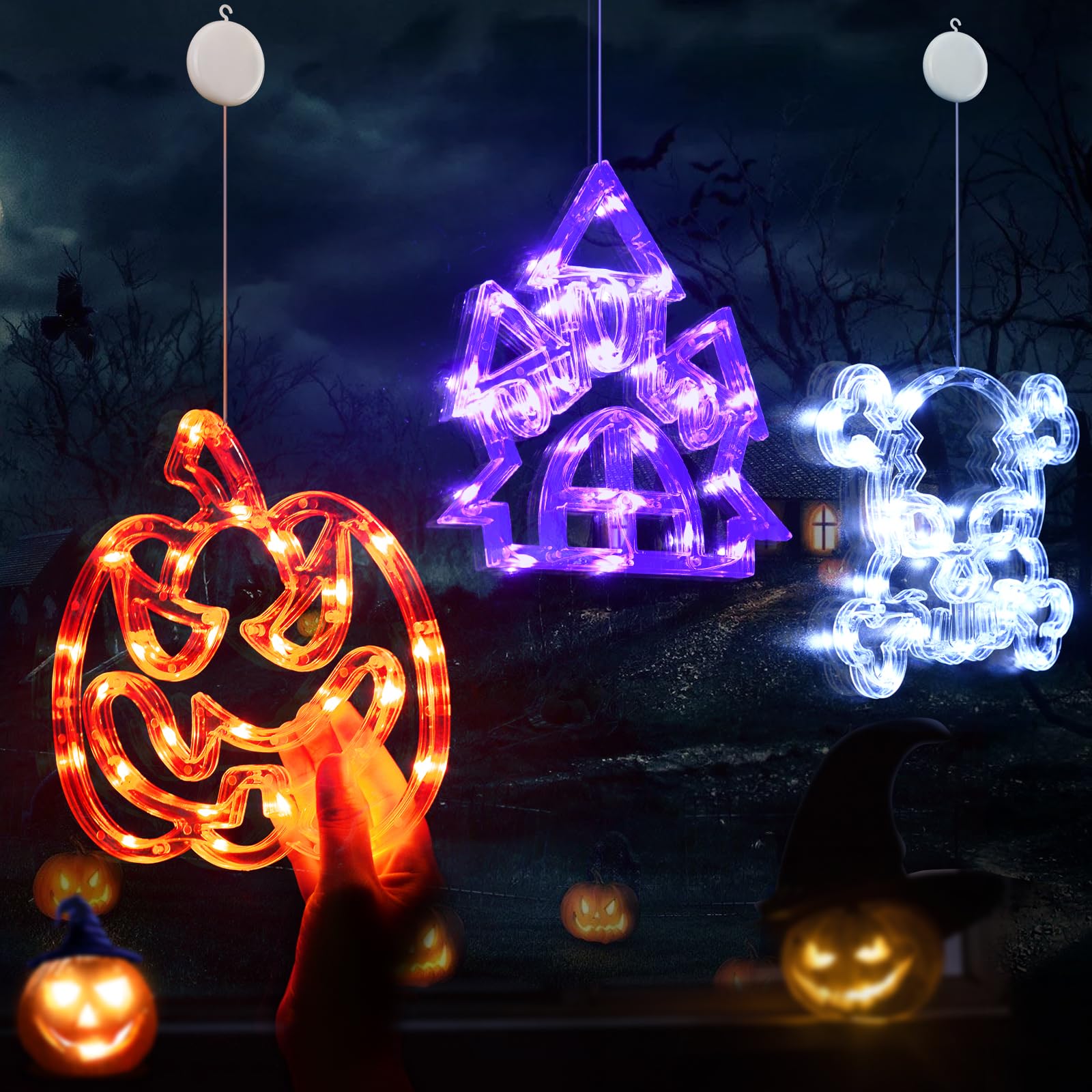 Tiaxidex Halloween Window Lights, Halloween Decorations 3Pcs Skull Pumpkin Castle With Modes Of Flashing And Steady Light With Suction Cup, Upgrade Timer, Battery Operated Halloween Window Decoration