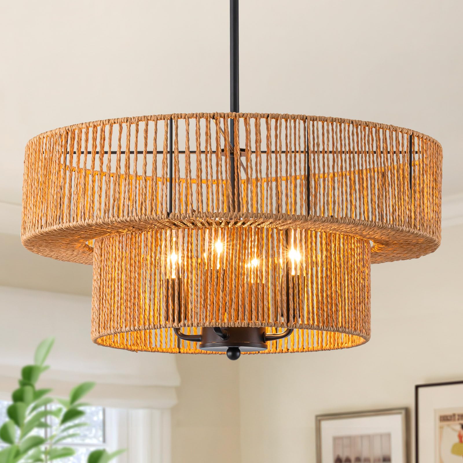 DSLITING Rattan Pendant Light Boho Wicker Chandelier Kitchen Island Lighting 2-Tier Drum Basket Hanging Light Woven Shade Dinnin