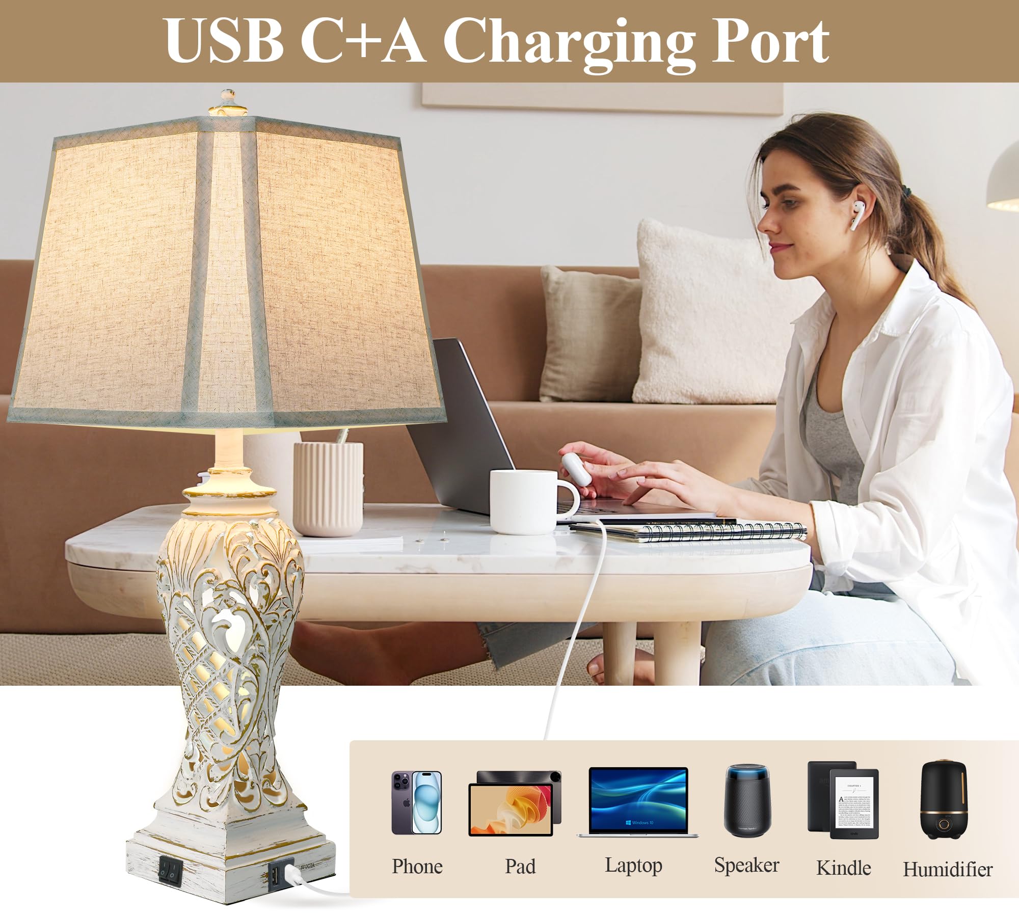 Weiters 29'' Tall Farmhouse Table Lamps Set Of 2, Boho Table Lamp For Living Room With Usb C+A, Bedside Lamp With Nightlight For