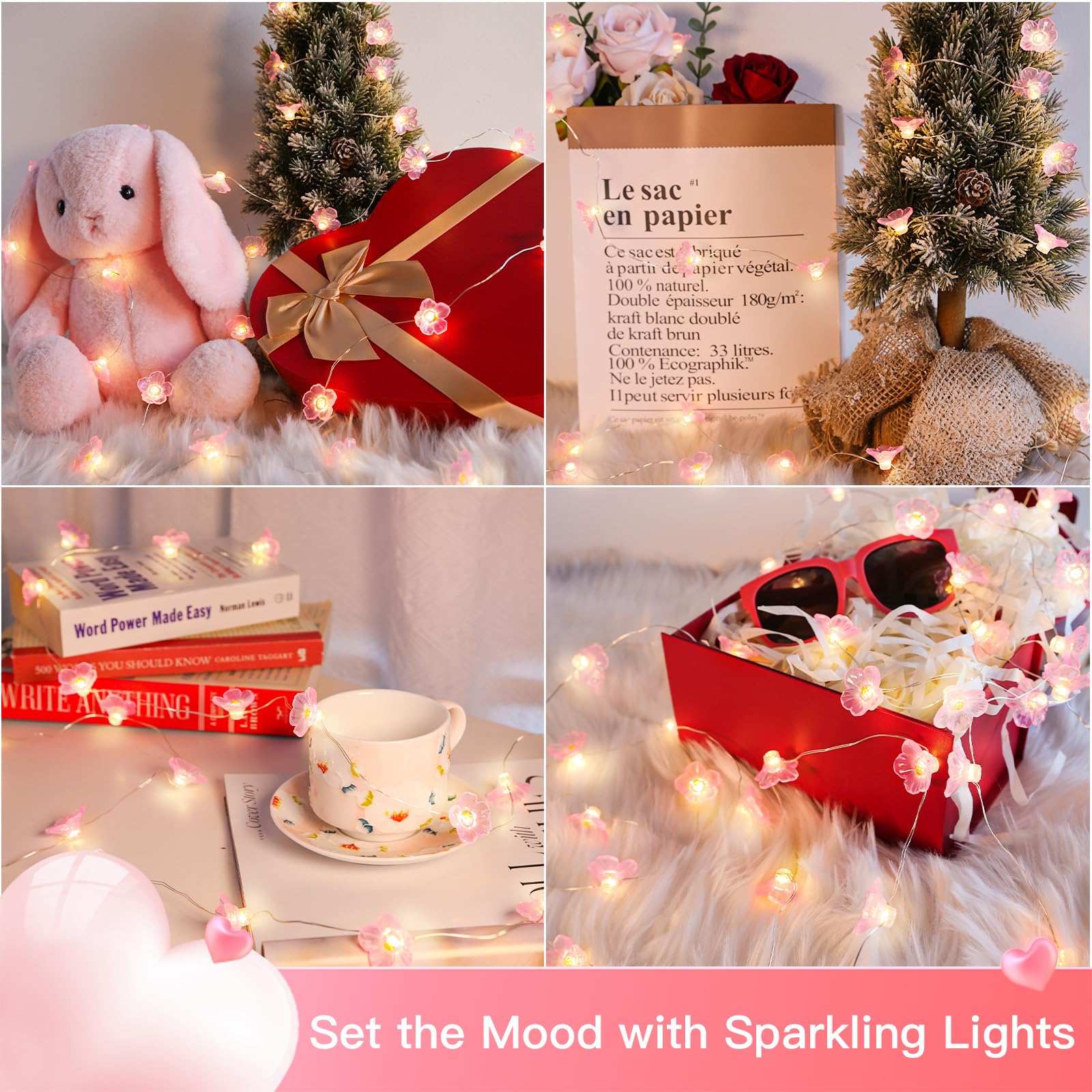 suddus Cherry Blossom Lights - 12.8 ft 40 LED Battery Operated Fairy Lights, Pink Decorative Lights for Bedroom & Holiday Decor