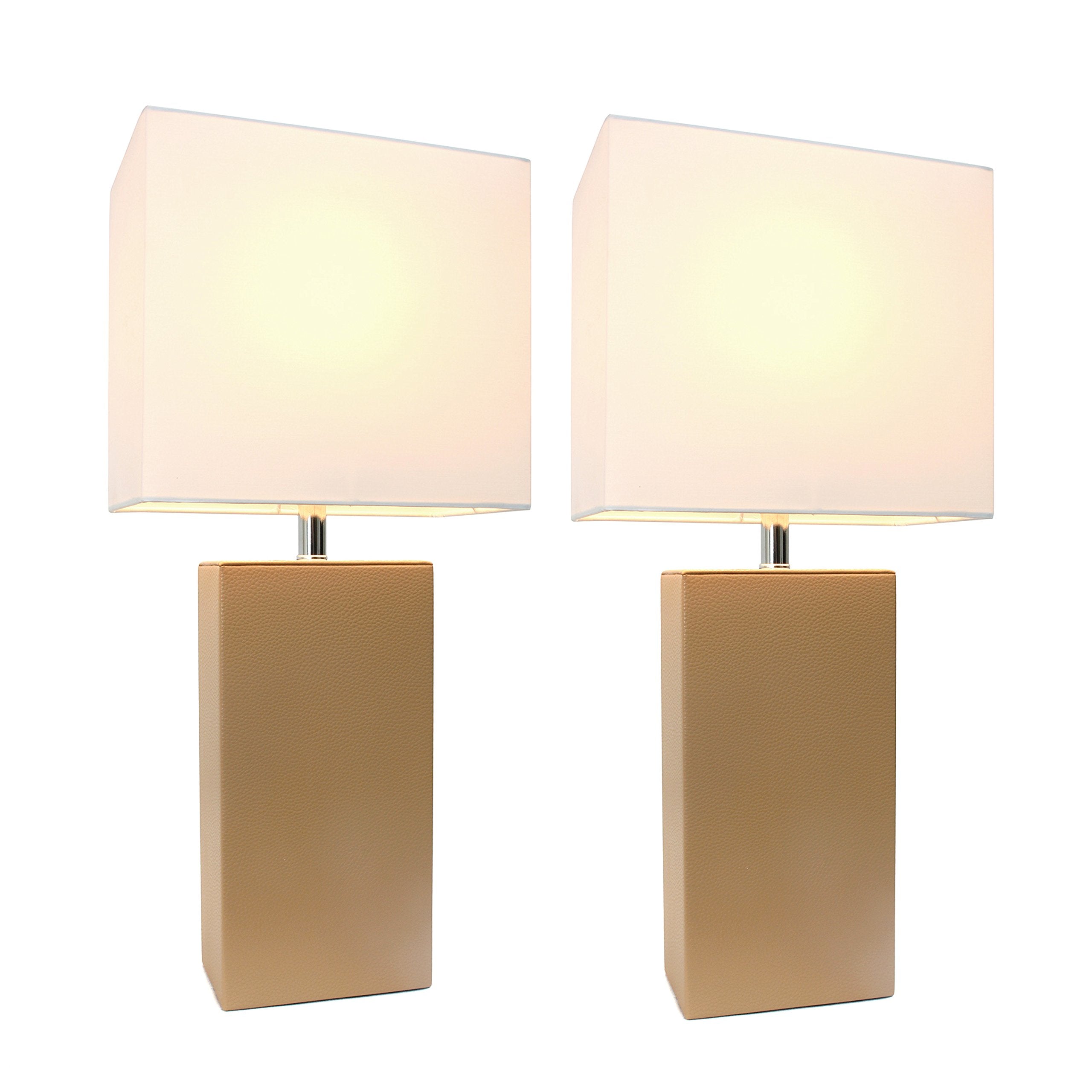 Elegant Designs Lc2000-Bge-2Pk 2 Pack Modern Leather Table Lamps With White Fabric Shades, Beige