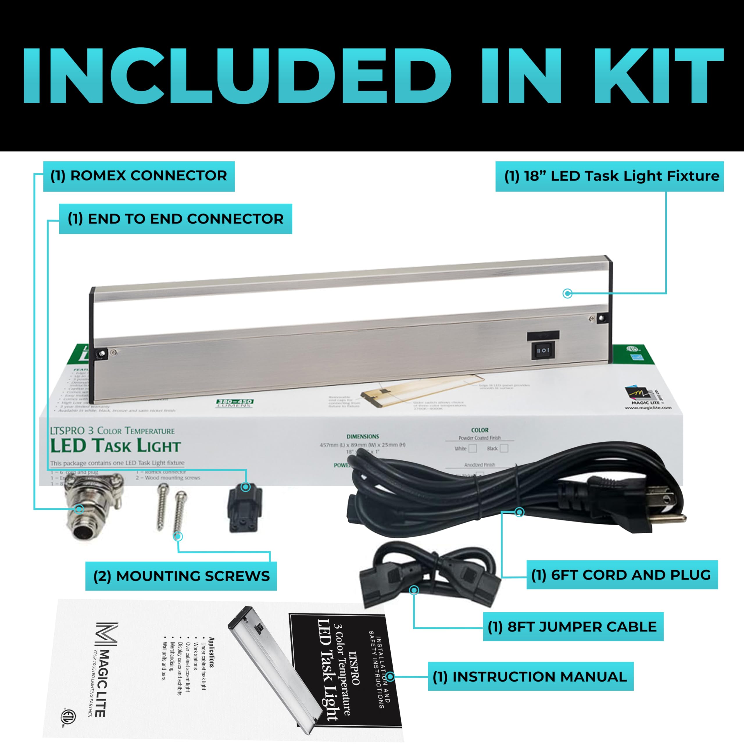 Led Under Cabinet Lighting Hardwired - Linkable Undercabinet Lights For Kitchen - 3Cct 18 Inch Satin Finish - Undercounter Dimmable Plug In Light Or Hard Wired - Under Counter Fixture Direct Wire