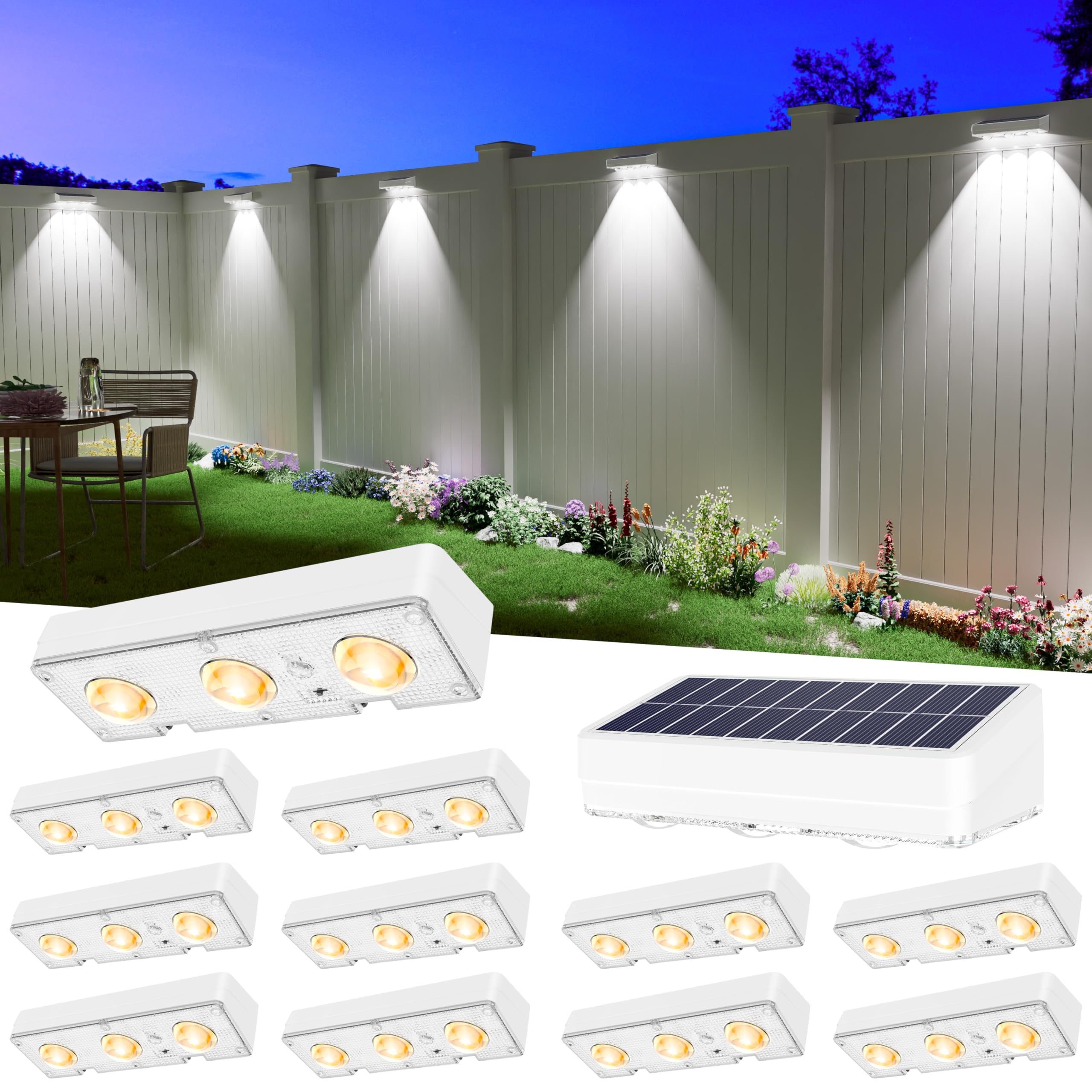 JOFIOS Solar Fence Lights Outdoor Waterproof Led  12Pack 1300mAh 6 Inch Solar Lights for Fence with Warm White & RGB 8 Colors Outdoor Solar Lights for Patio  Backyard  Deck  Railing (White)