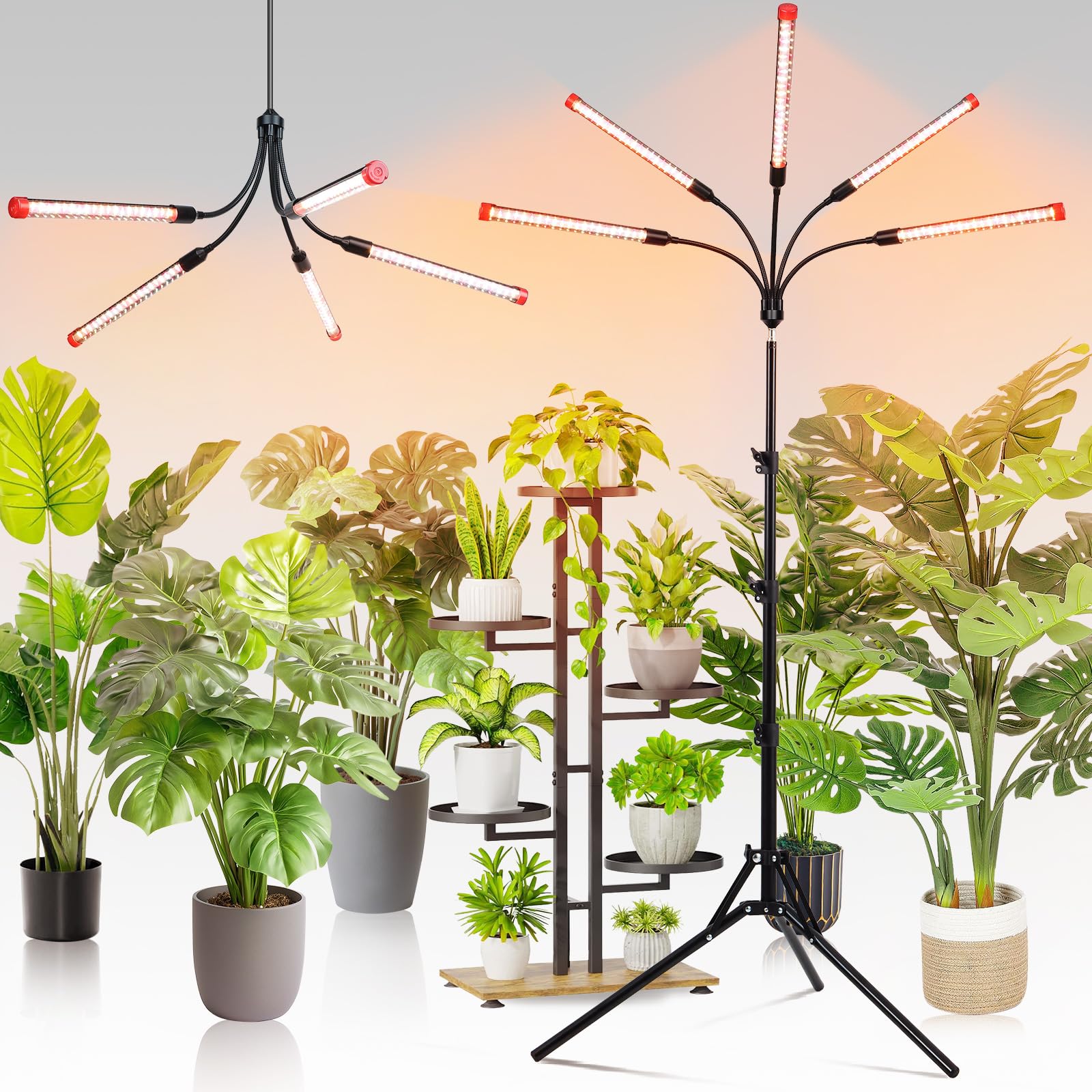 FECiDA 45W 5-Head Tripod Plant Light for Indoor Plants, Full Spectrum, Timer, Black, Model ZH_GL_RH