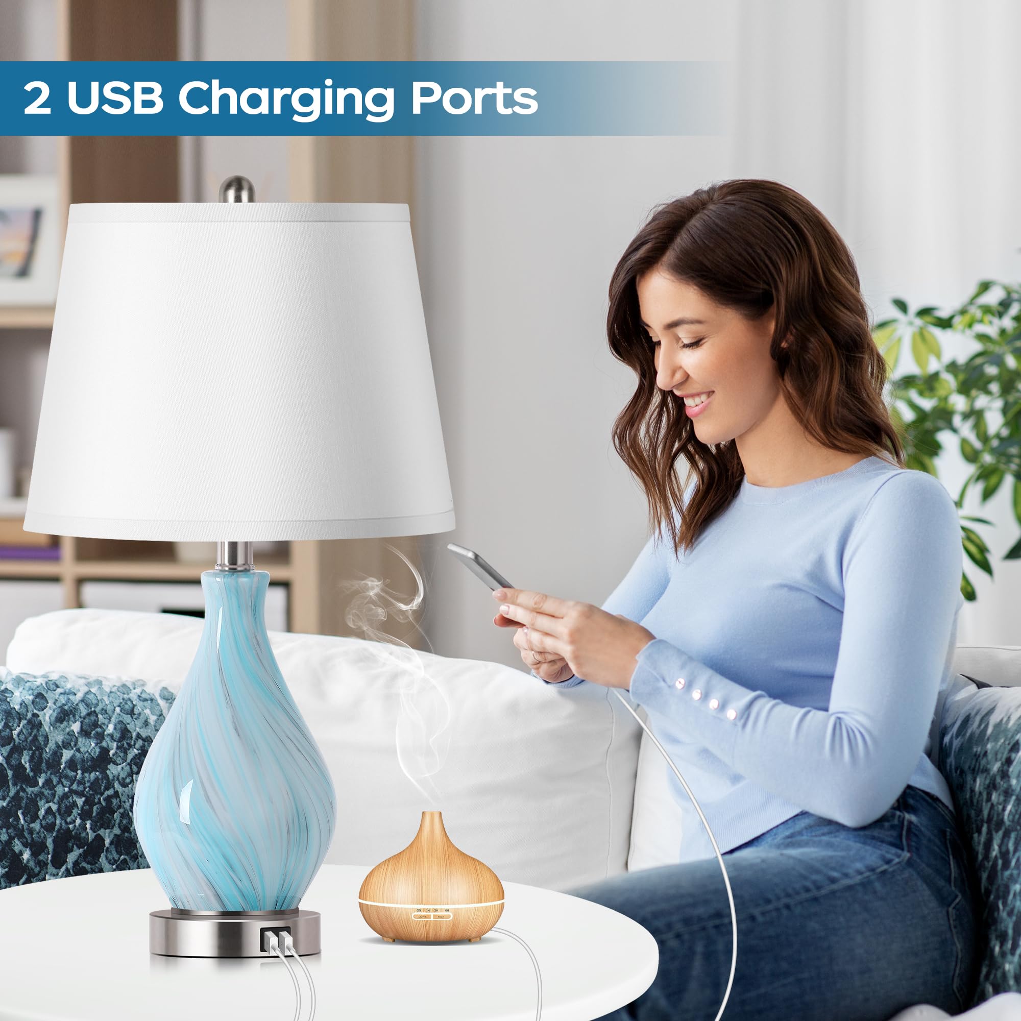 PARTPHONER Modern Accent Table Lamp Set of 2, 22in Touch Control, Faded Swirl Blue Gray Glass, Dimmable with USB Ports