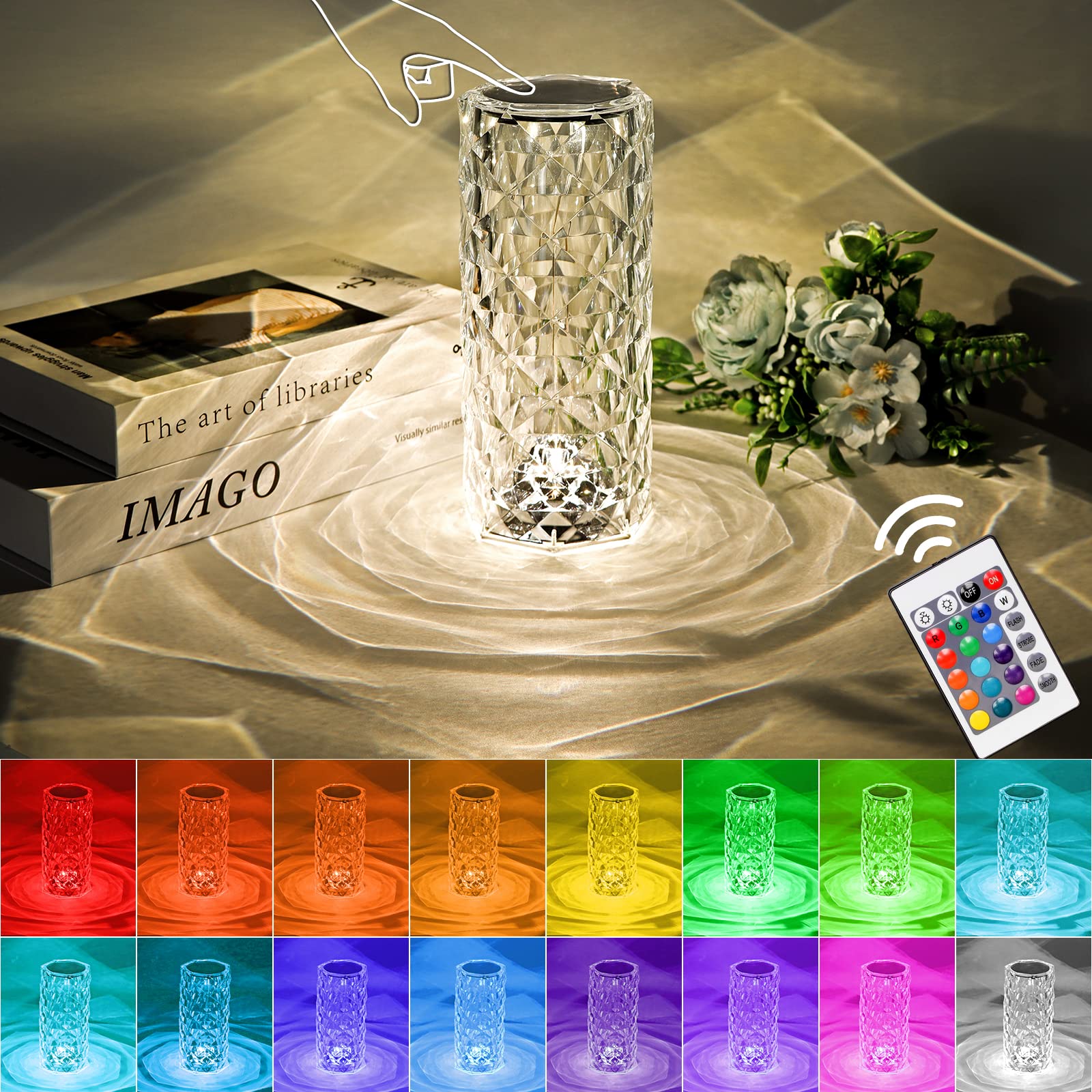 Best World LED Touch Control Crystal Rose Lamp, 16 Colors, Rechargeable, E26 Bulb Included, Acrylic, Ideal for Bedroom, Night Light