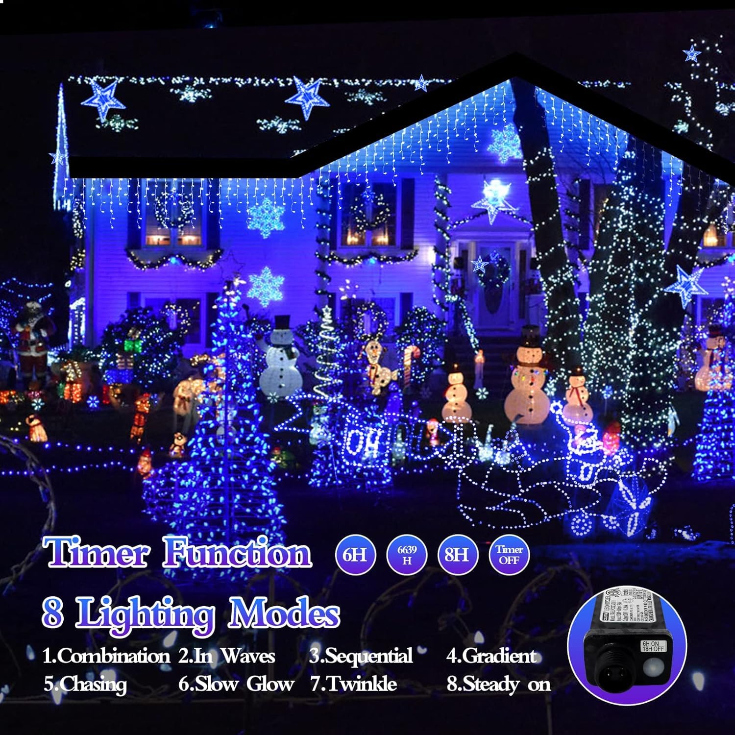 FLVOECN Christmas Lights 960 LED 98FT Blue Waterproof Indoor/Outdoor Curtain String Lights with Timer, Dimmable, Model YQS-200L
