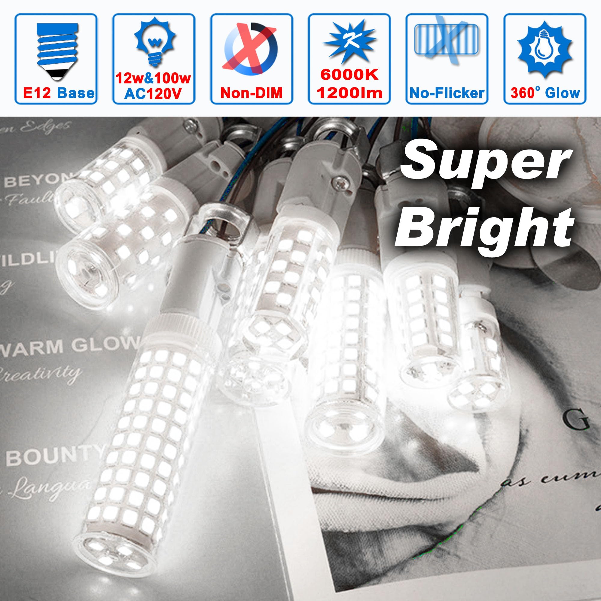 Ziomitus E12 100W Led Candelabra Bulbs Replacement C7,6000K Daylight Bright Cool White,1200 Lumen T6 E12 12W Led Candle Bulbs Fo