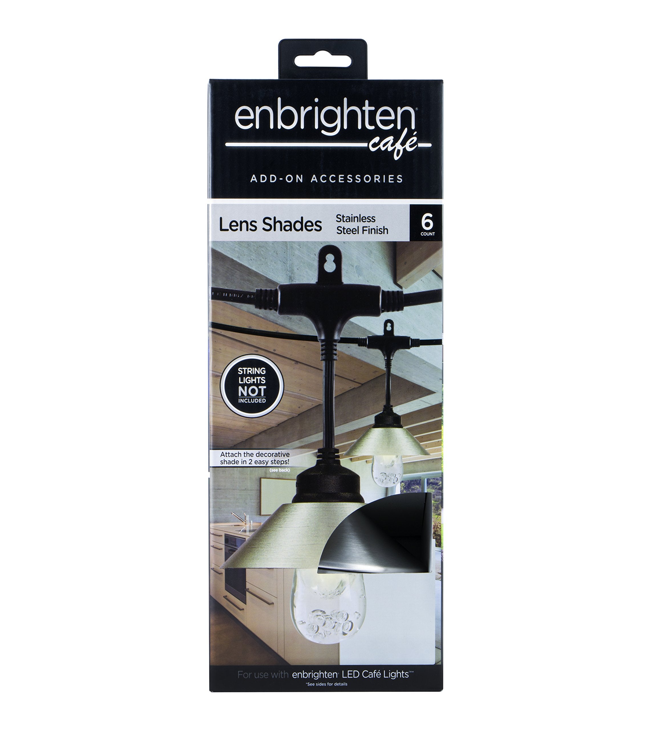 Enbrighten Cafe Add-On Accessory Lens Shades, 6 Stainless Steel Finish Lens Shades, Easy-To-Install, For Use With Enbrighten Cafe String Lights, 35917
