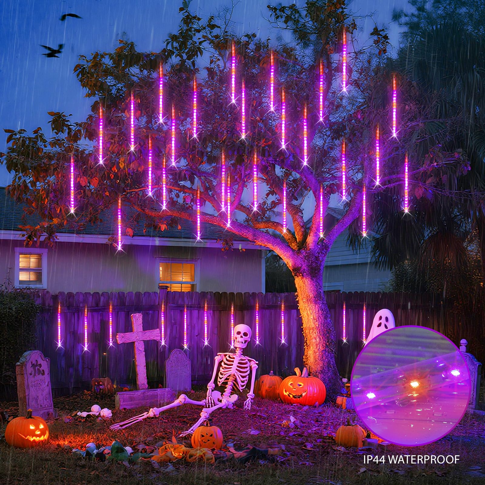 JMEXSUSS Solar Meteor Shower Lights - 8 Tube, 144 LEDs, Orange & Purple, PVC for Halloween & Christmas Outdoor Decoration