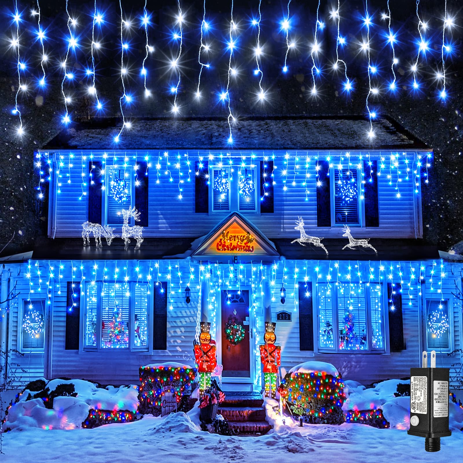 Einiiya Icicle Christmas Lights Outdoor, 400 LED, 33ft, Blue & White, 8 Modes, Waterproof, Model BG-CL3M3-306L01