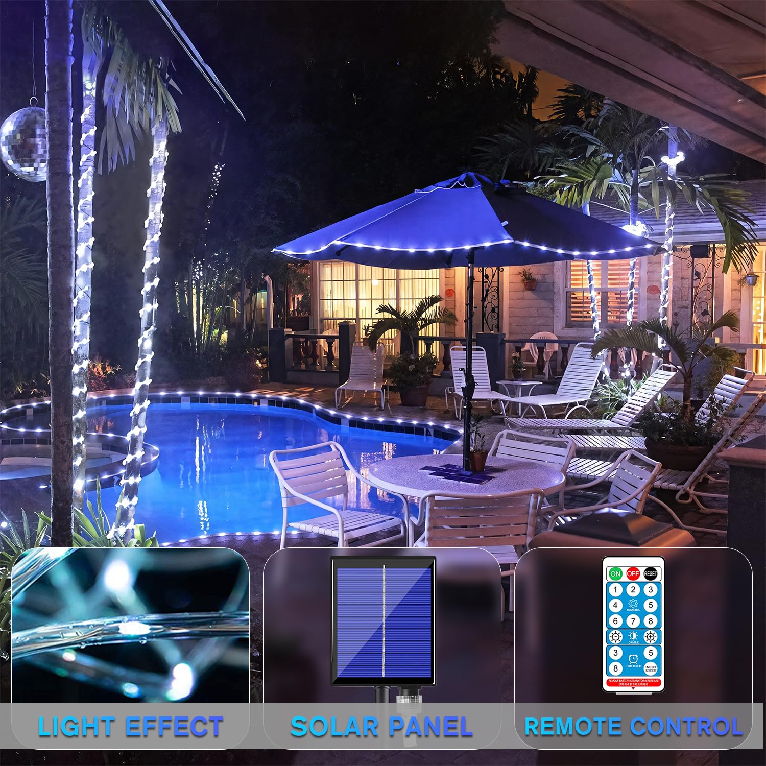 ANJAYLIA Solar Rope String Lights, 66FT, 200 LED, Cool White, Waterproof, 8 Modes & Timer Remote, for Outdoor & Holiday Décor