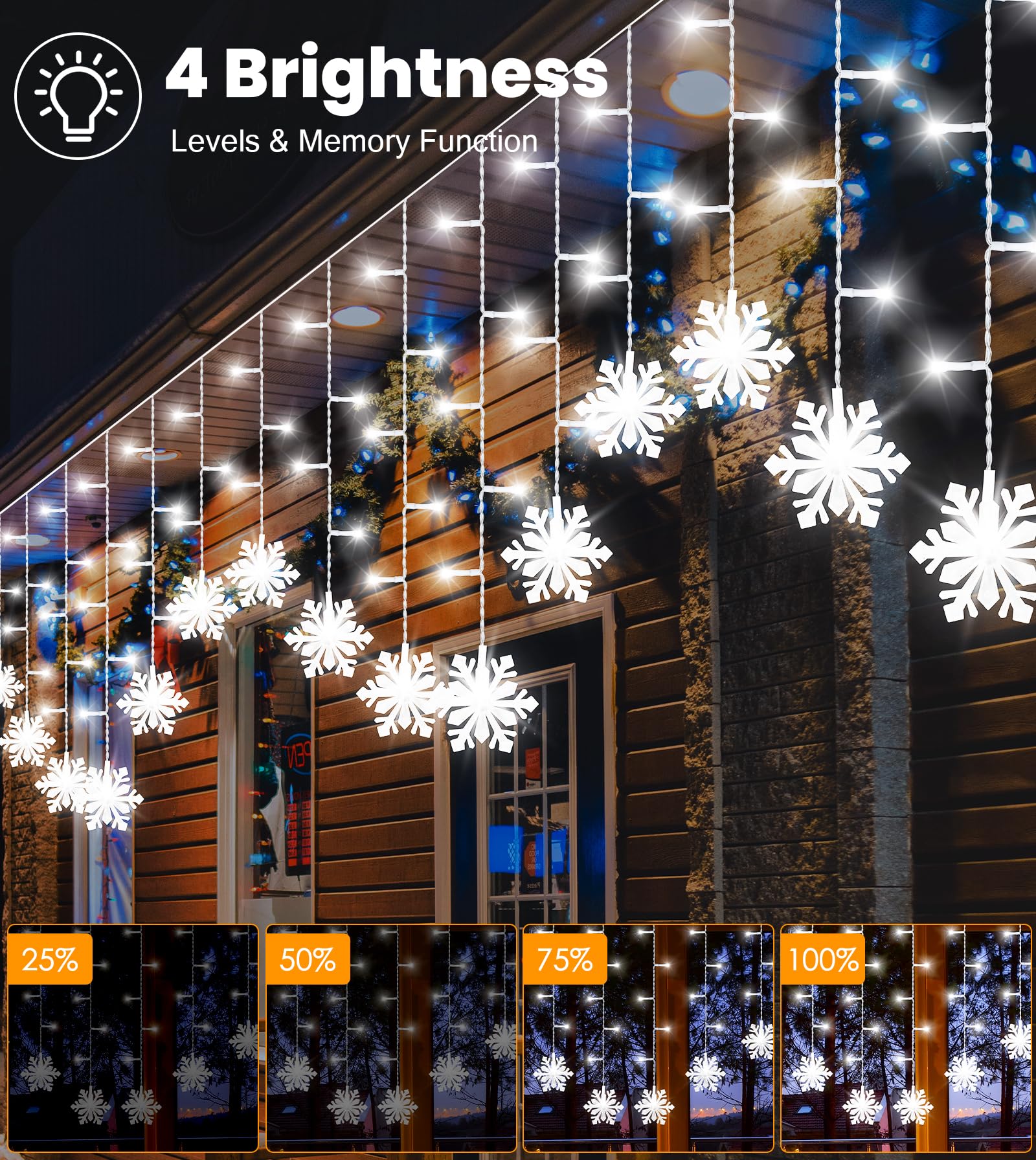 Christmas Window Lights With Snowflake, 3.5M 90Led Waterproof Curtain String Lights With Remote, Timer,8 Modes&4 Brightness, Curtain Lights For Indoor/Outdoor/Bedroom Decorations (Cool White)