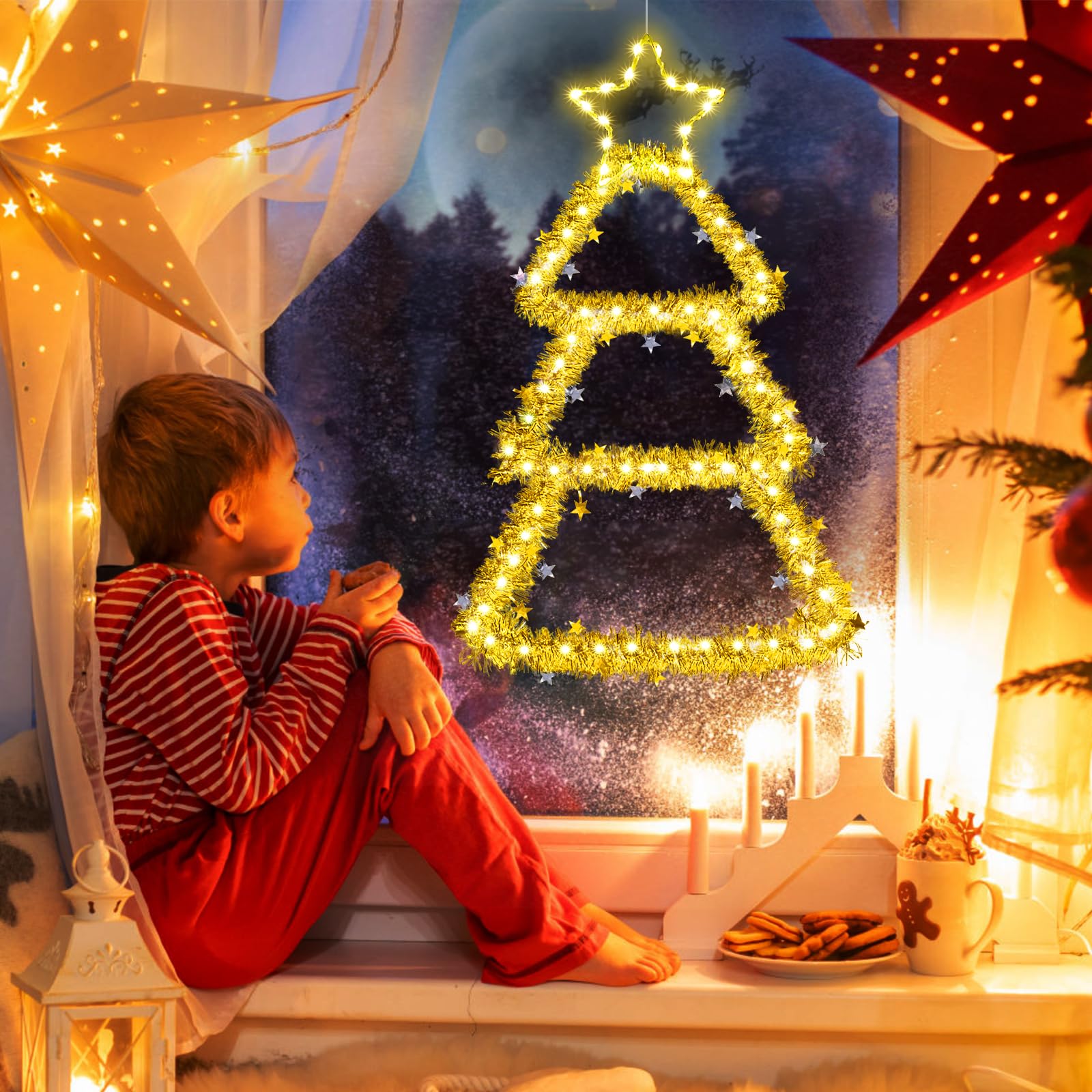 Elktry Led Christmas Decorations Lights, 2.2Ft Multicolor And Warm White Lighted Christmas Tree With Silver Tinsel, Battery Operated Hanging Lights For Indoor Outdoor, Window Wall Door Home Decor