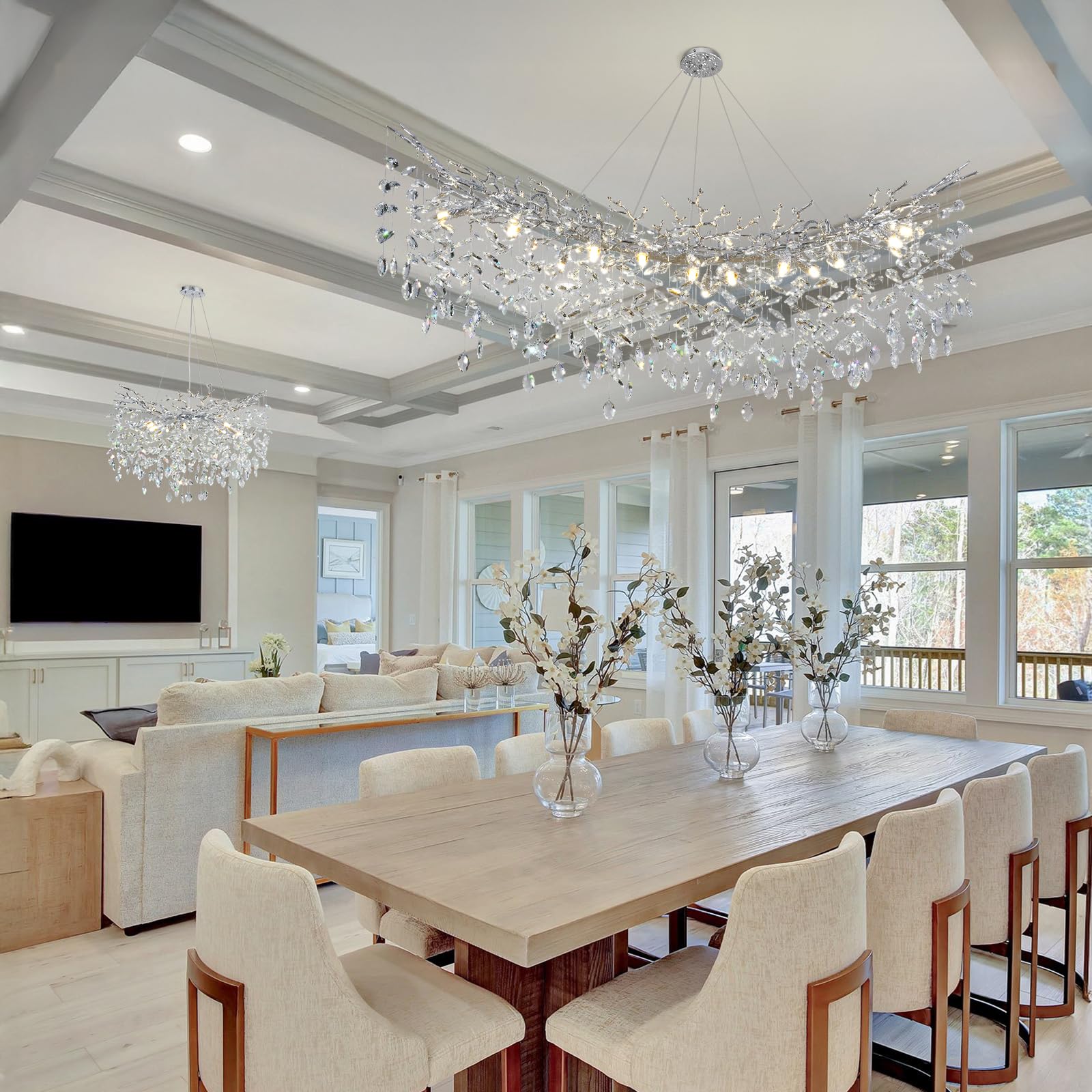 kvtinmty Modern Crystal Silver Chandelier, 55" Rectangular 16-Light Flush Mount for Dining Room and Kitchen Island