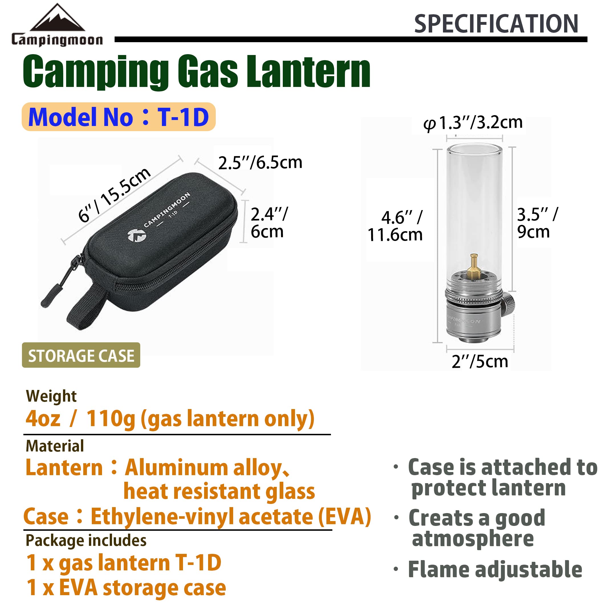 CAMPINGMOON Gas Candle Lantern - EN417 Valve, Glass, US-T-1, Silver