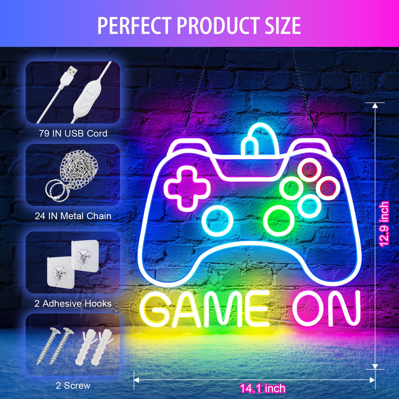 Basaneon Gamer Neon Sign, Game Controller LED Decor, Dimmable USB Powered, 14.1x12.9 inches, A-Game On, Model ZF-GAME ON