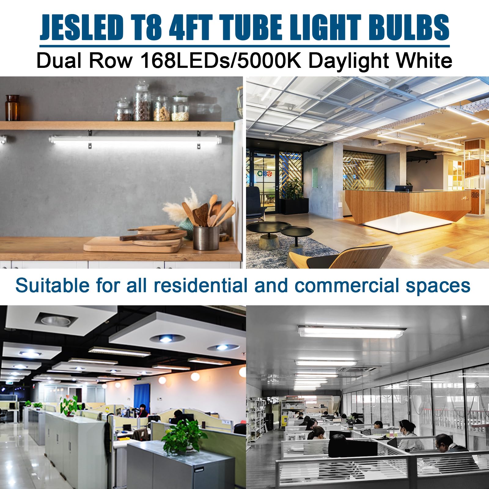JESLED LED T8 Tube Lights 4FT, 24W, 3200LM, 5000K, Plug & Play, 4-Pack