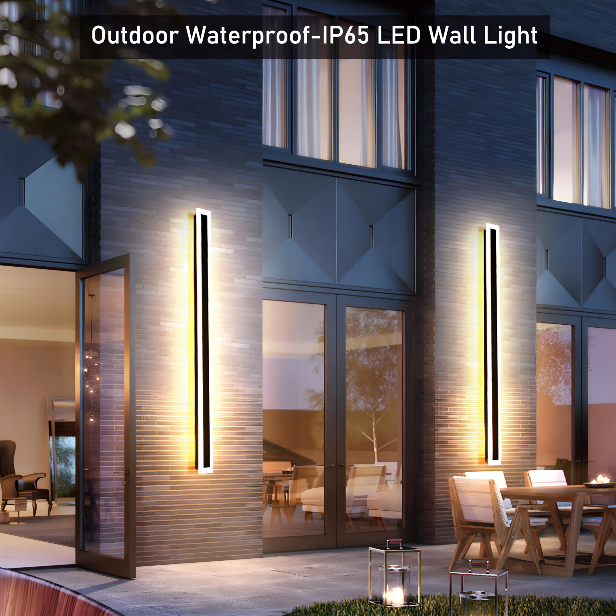 RGZZUP Outdoor LED Wall Light, 59in, 55W Waterproof IP65, Black, Rectangular, Elegant Frosted White Acrylic, 2Pack