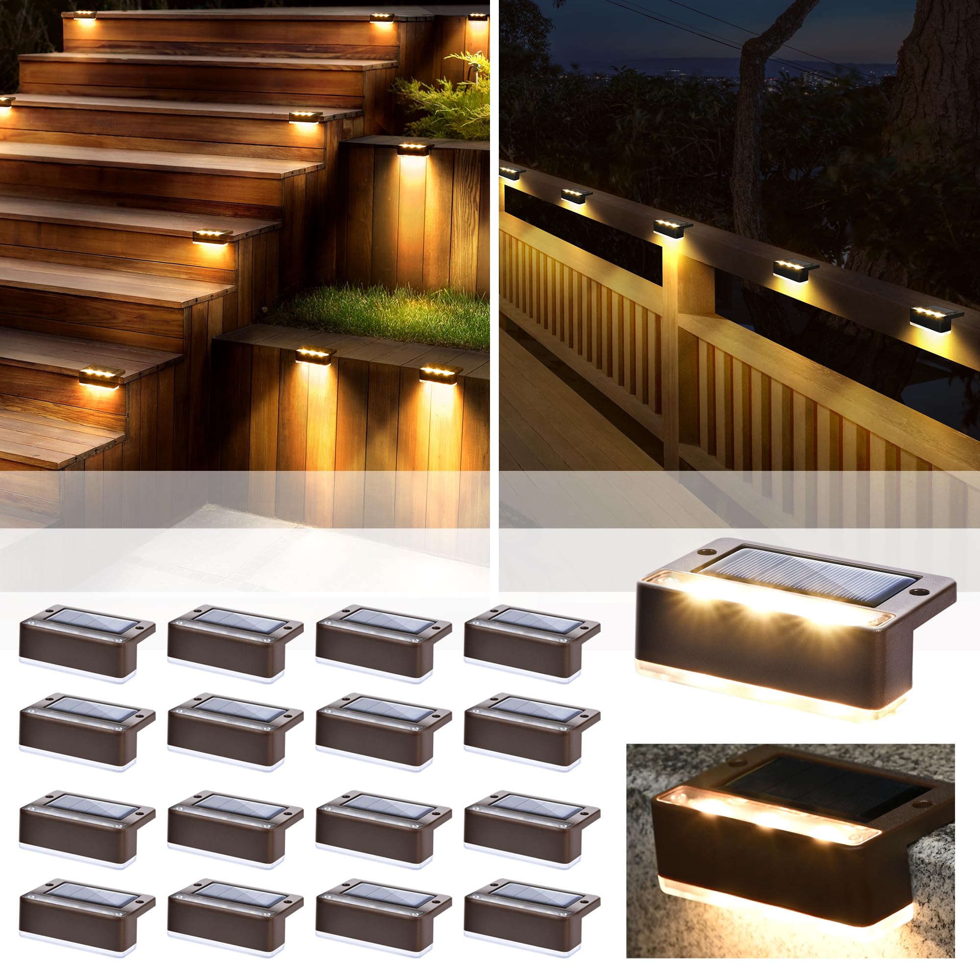 SOLPEX Solar Fence Lights, 6 LEDs Waterproof Outdoor Lighting, 16 Pack, Warm White, Model 8545, Brown