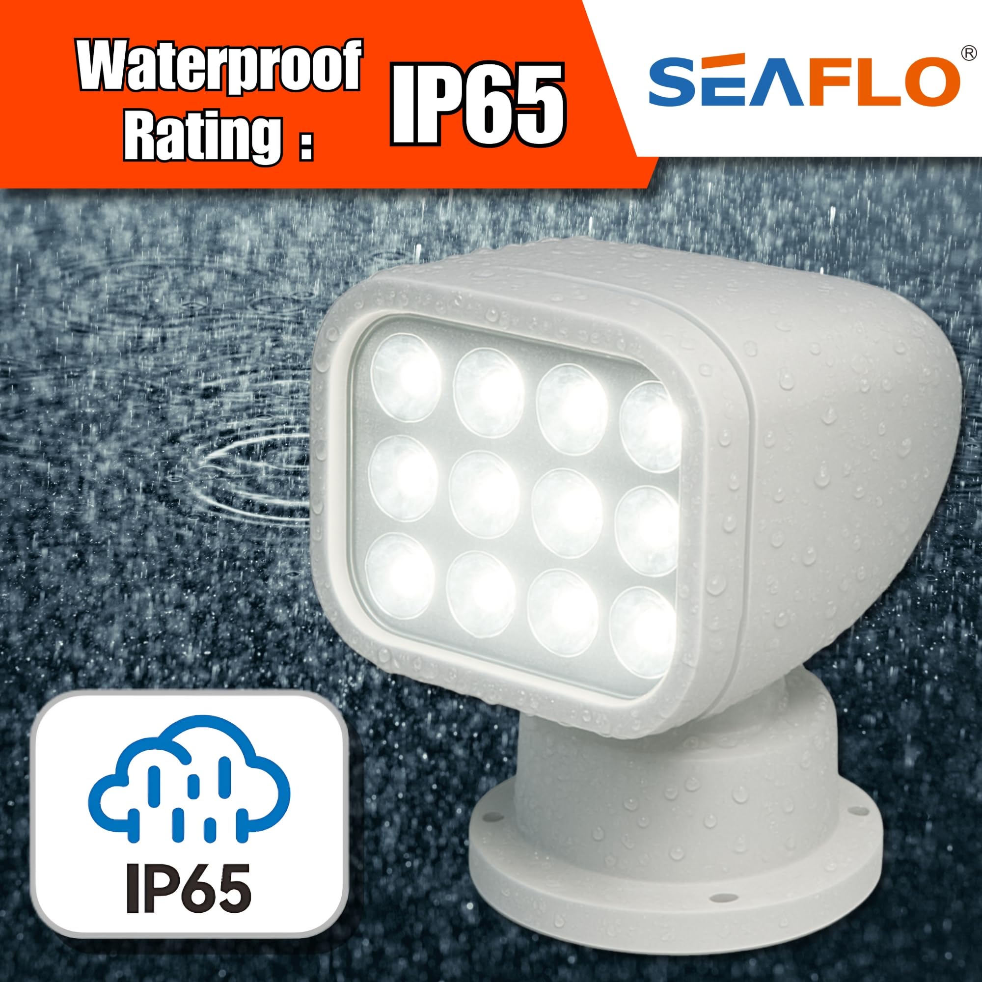 SEAFLO 360° Rotating LED Searchlight, Wireless Remote, IP66 Waterproof, 5500K White Light, Model SFSL-2700W-02W, for Boats & Trucks