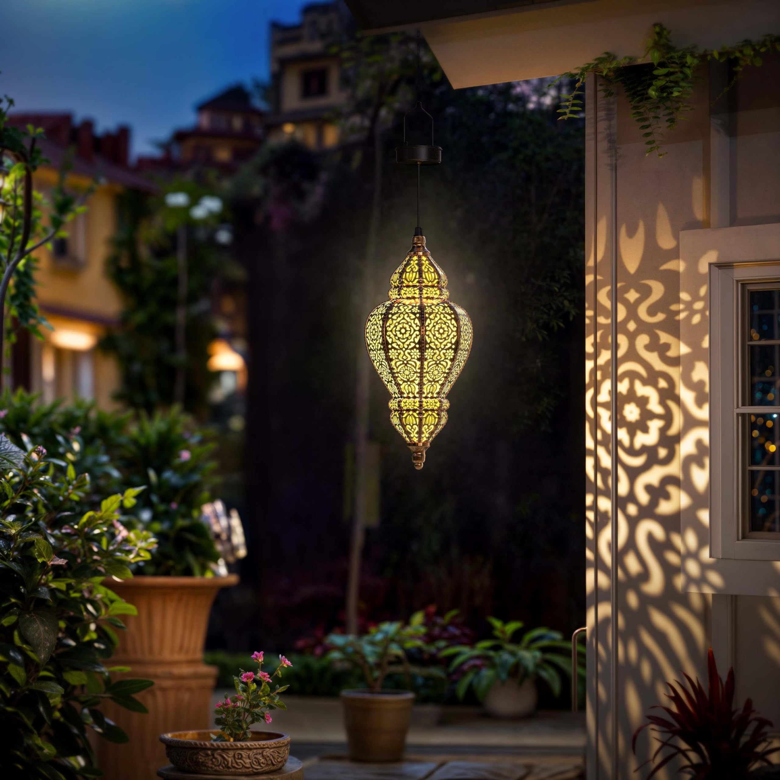 Hapjoy Moroccan Hanging Solar Lights Outdoor Lantern Bidirectional Availabili Garden Decor Waterproof Plastic Gold Decorations f