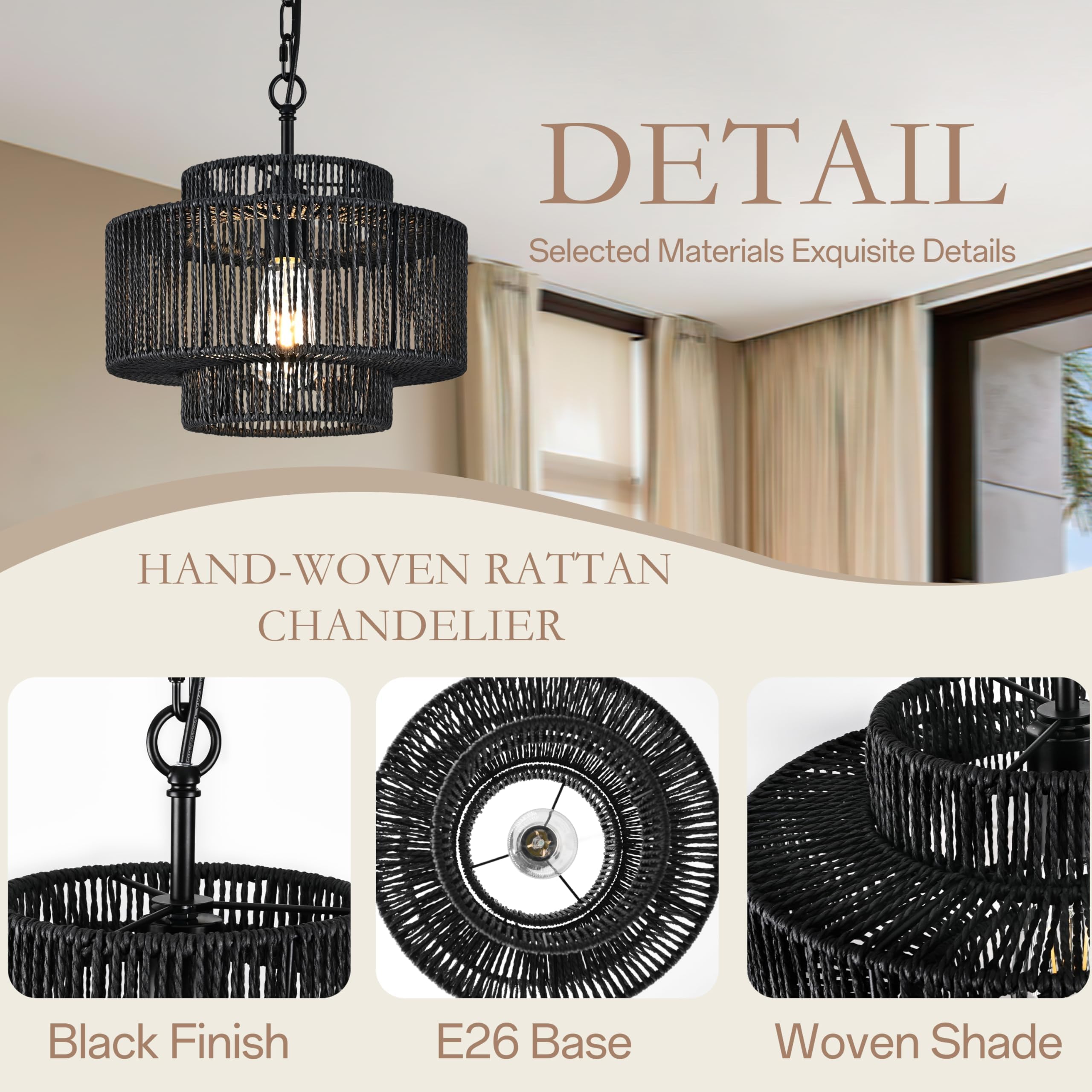 Bagood 12.4'' Black Woven Pendant Light 1 Light Black Rattan Chandelier Black Hand-Woven Rattan Chandelier 3-Tier Rattan Black P