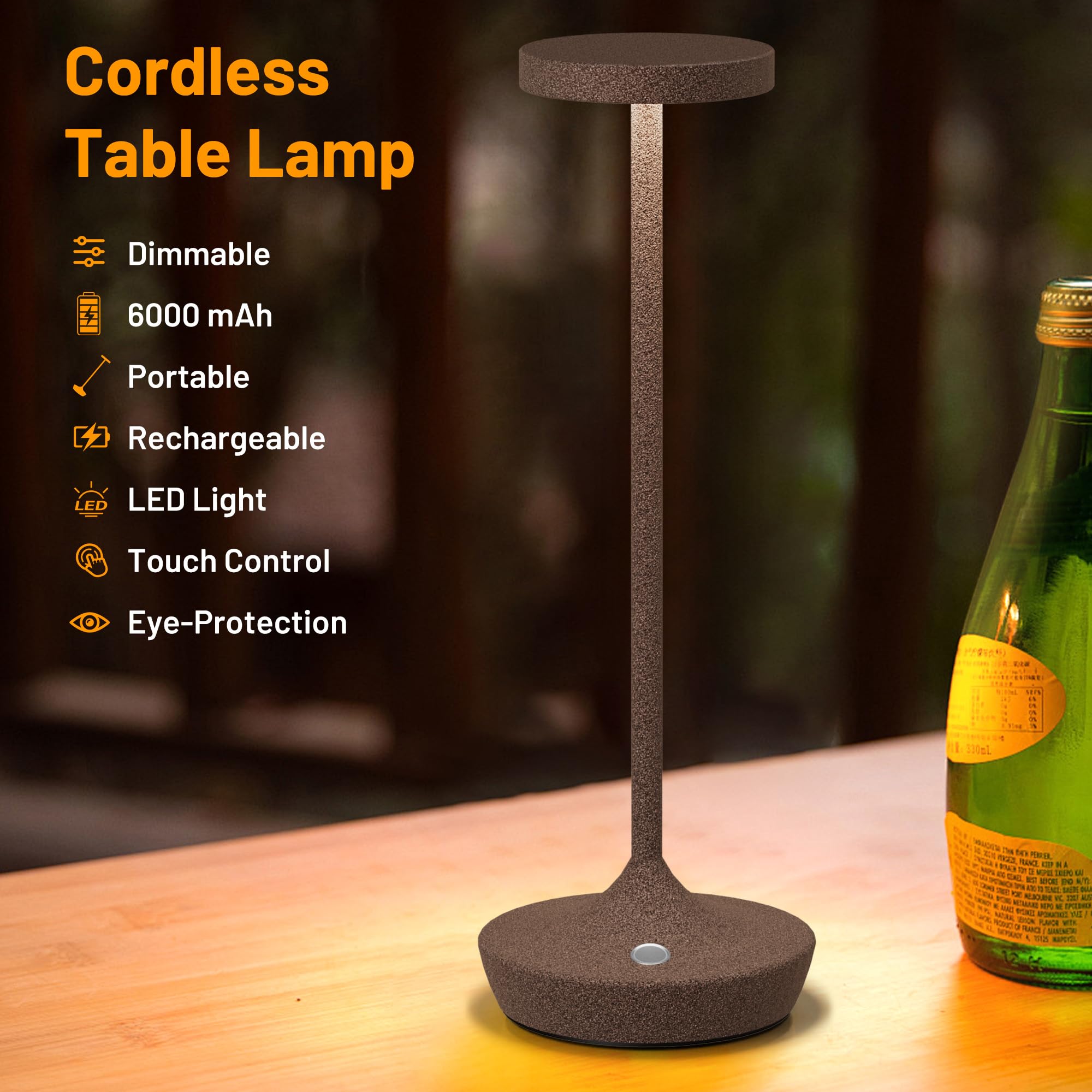 YHT Cordless LED Desk Lamp, 6000mAh Battery, Waterproof, 3-Color Touch, Portable, Rust 2P, Model X86
