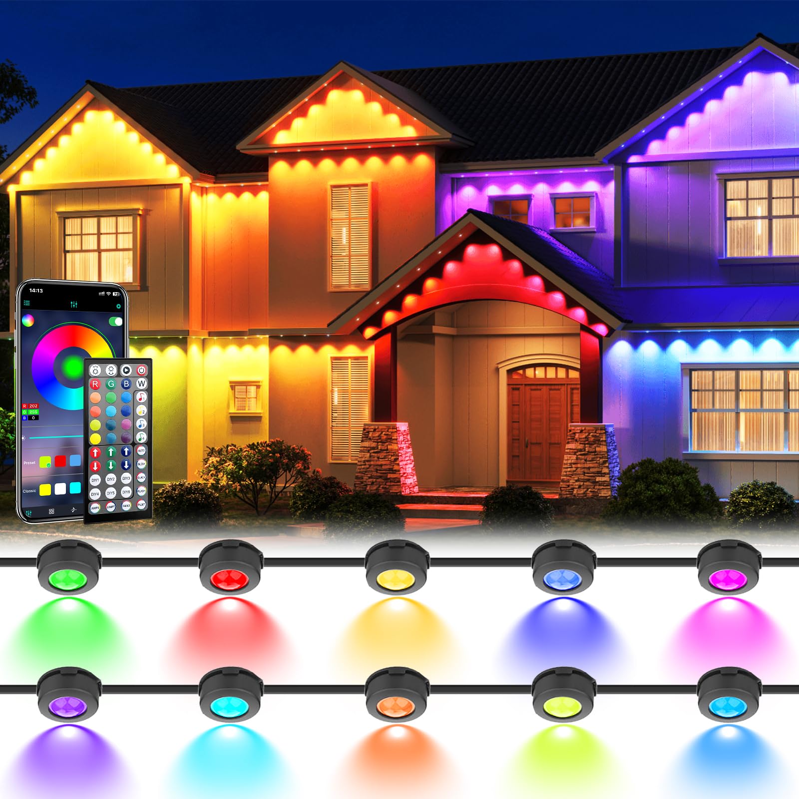 Geodurn 150 FT LED String Lights, Waterproof 2-in-1 Eaves & Ground Stakes, Smart Color-Changing, Black, Model DCD-45M