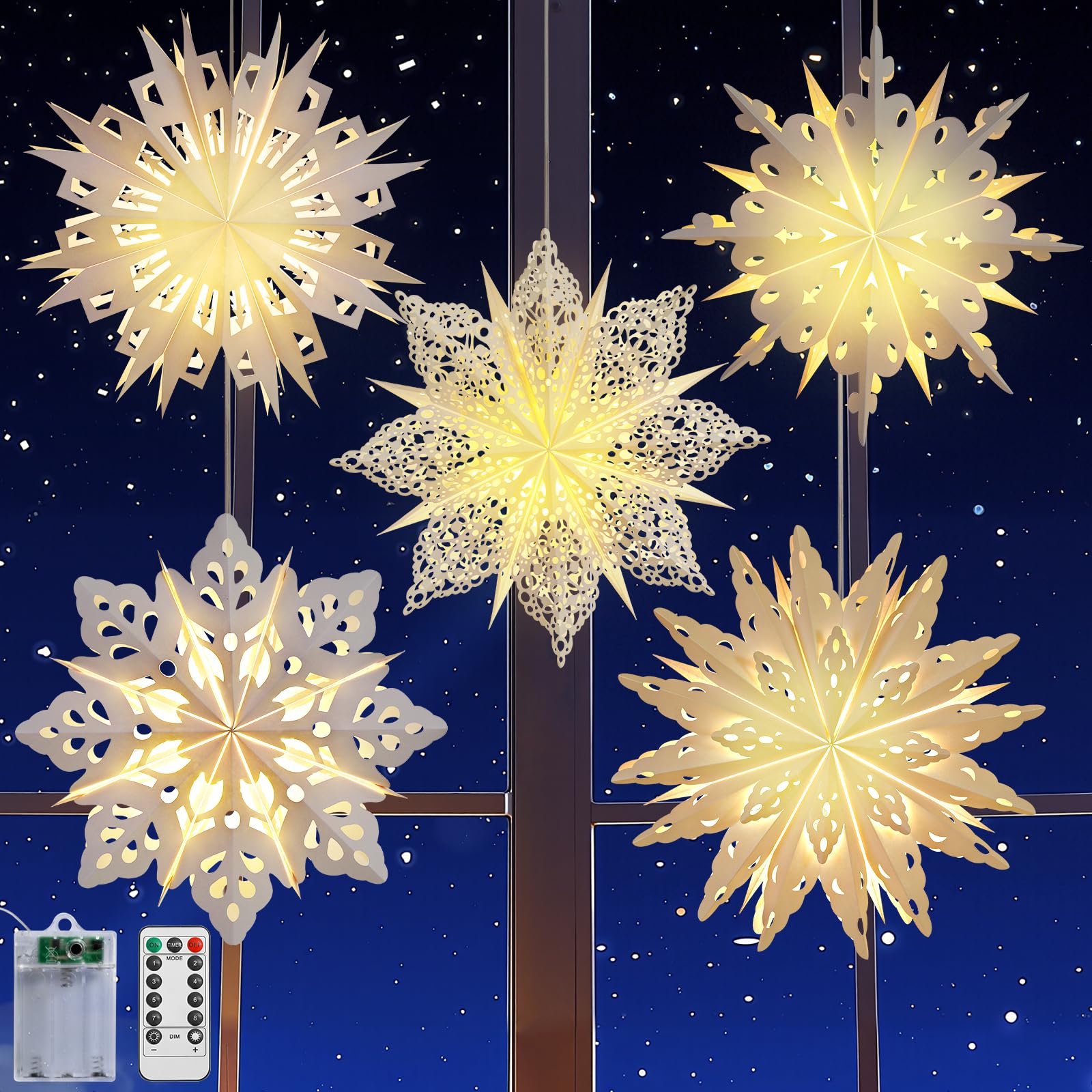 Lewondr Christmas Paper Star Lantern 5 Pack, Unique Flower Shape Lights with Remote Control, LED Paper Lanterns with 6H Timer fo