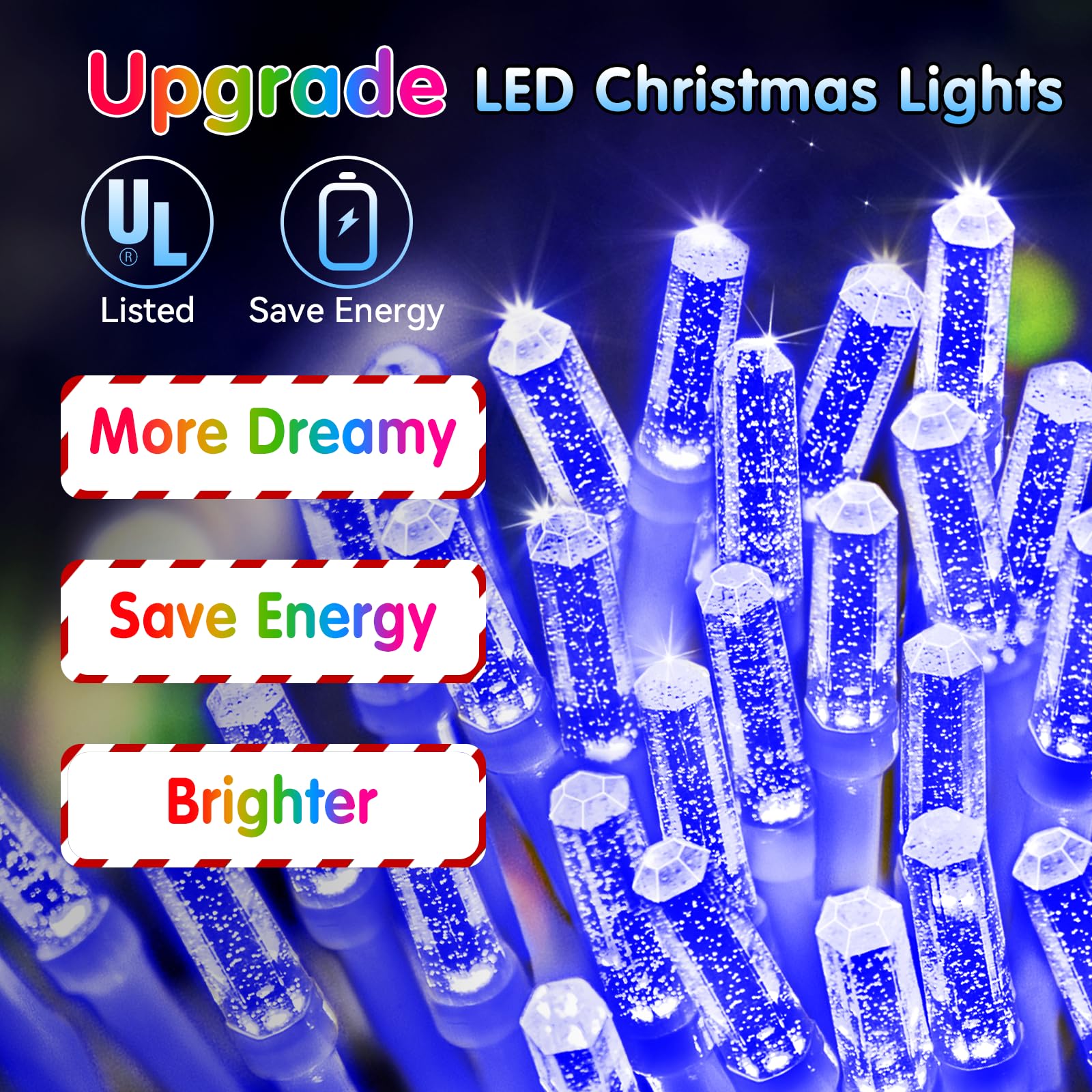 Heceltt 360LED Christmas String Lights, 49FT, 72 Drops, Blue, Waterproof, 8 Modes, Plug-in, Timer, Model HECE-ST82