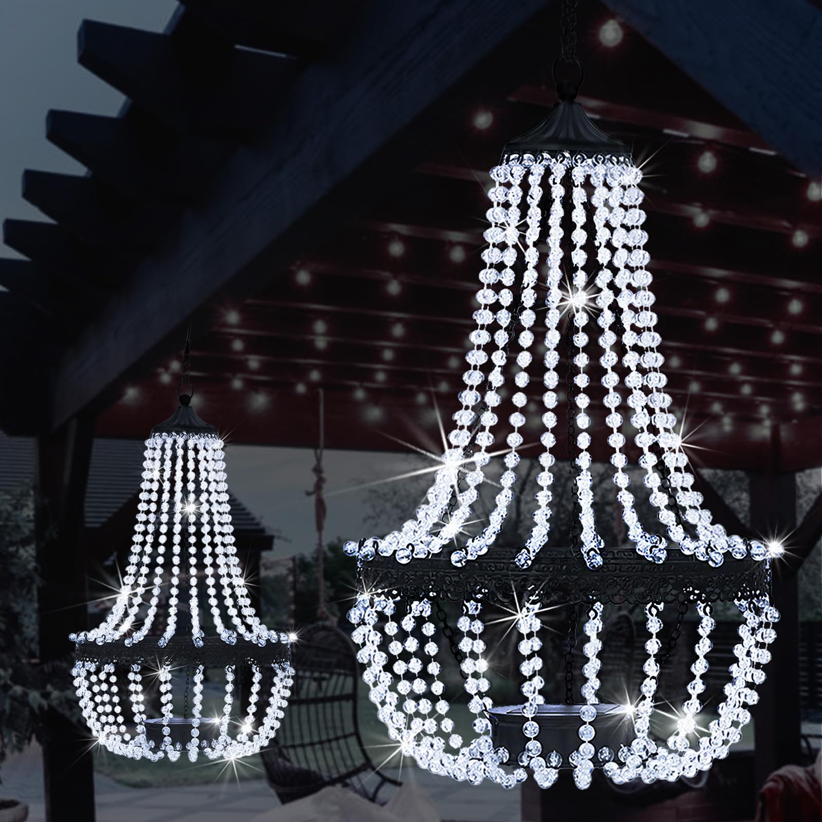 Hanging Solar Chandelier Outdoor, 30 Cool White Lights Acrylic Clear Beaded Chandelier with S Hooks Modern Lantern for Garden Ya