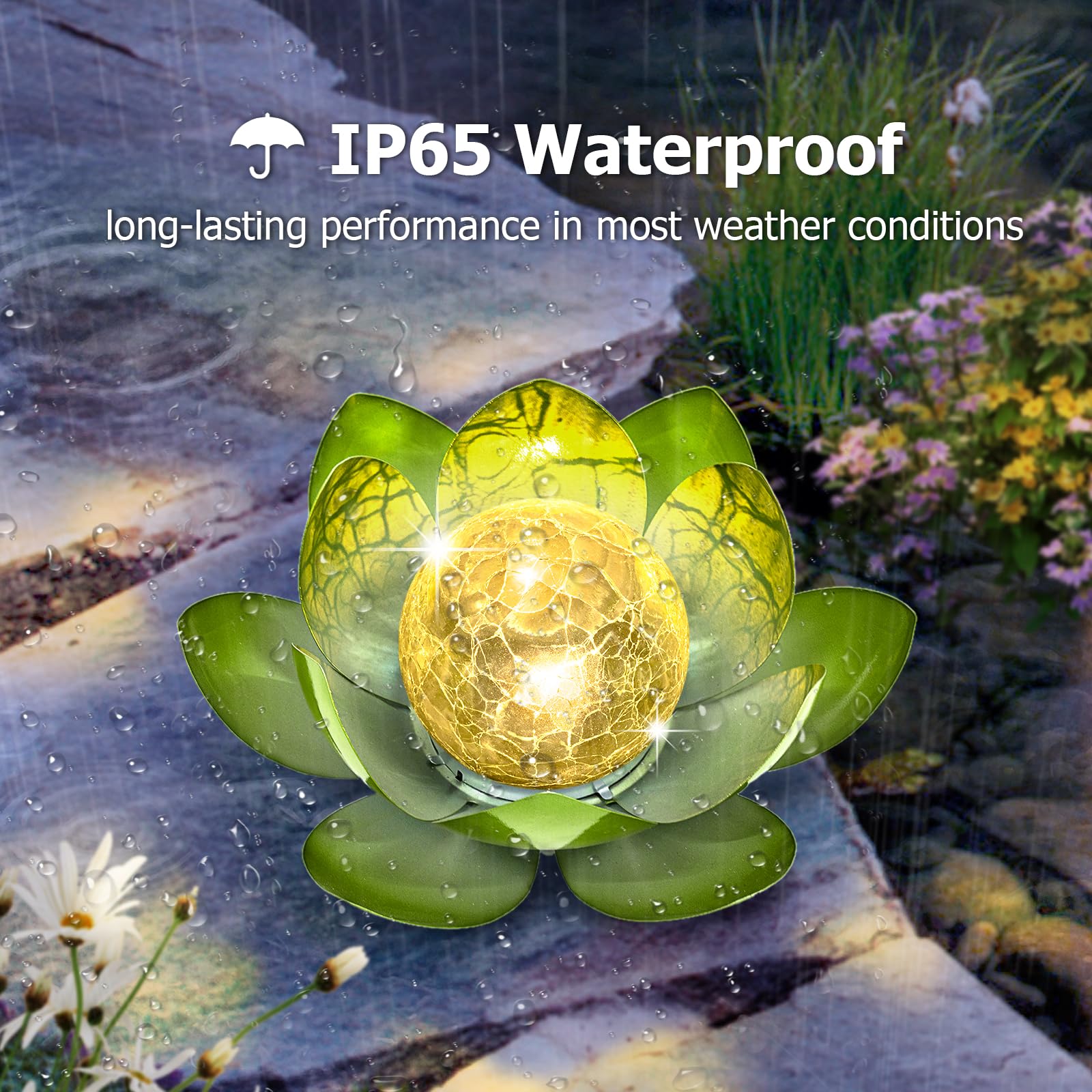 Aiiny Garden Solar Light Outdoor(2Pack),Crackle Globe Glass Lotus Decoration, Waterproof Metal Led Flower Lights For Patio,Lawn,