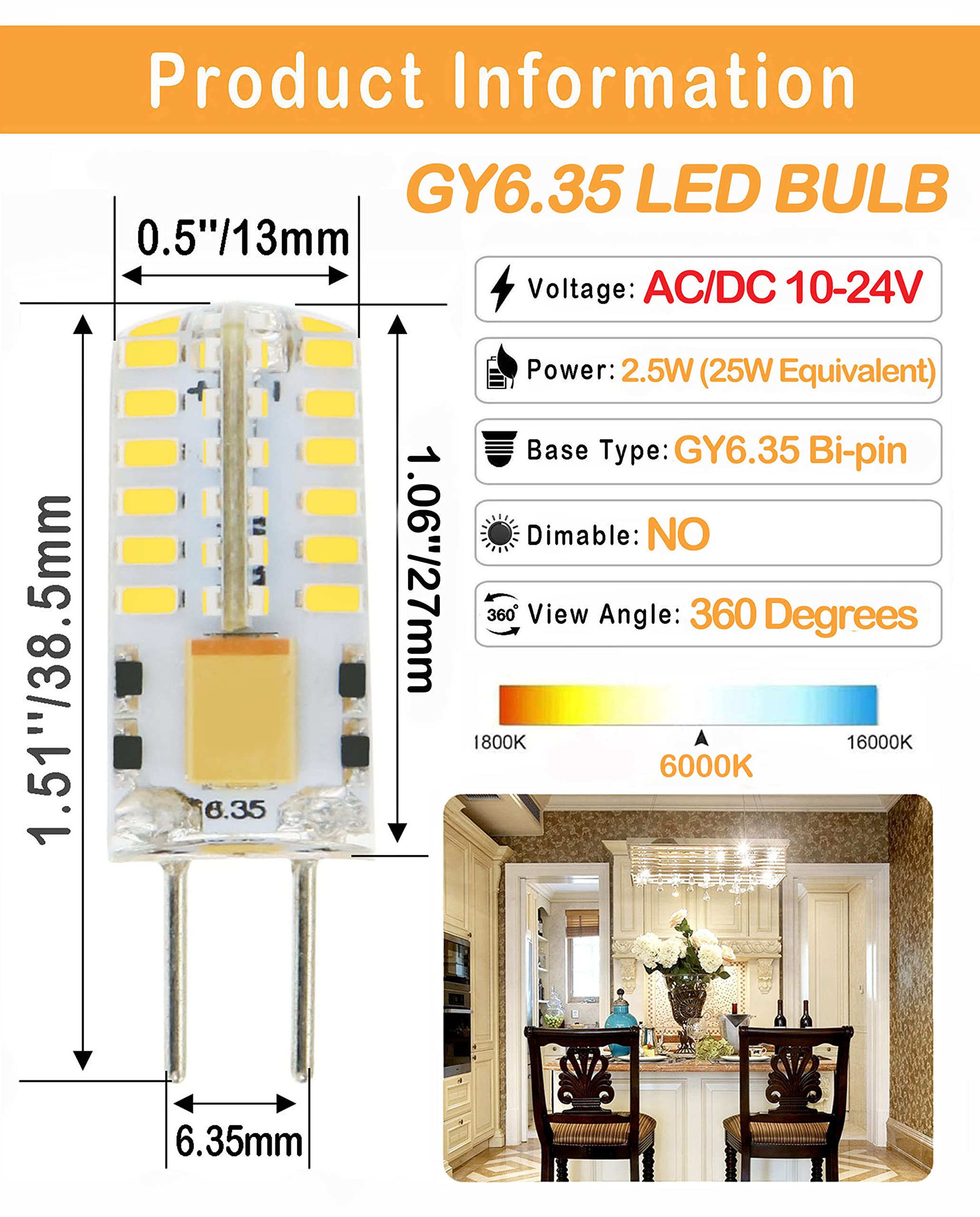 Lamsky G6.35 Gy6.35 Bi-Pin Base Led Bulb,12V/24V 2.5W Daylight 6000K,Jc Type Halogen Replacement Bulb,Not Dimmable,30W Equivalent(4-Pack)