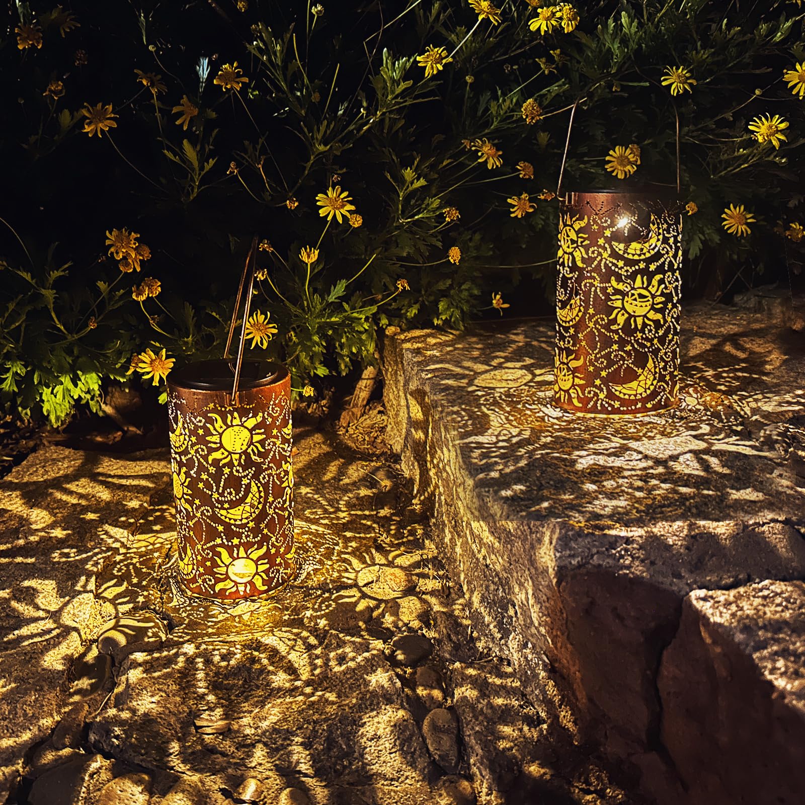 Solar Lanterns Outdoor Hanging Lantern Lights,Sun Moon Metal Decor Lanterns-Waterproof Led Decorative Light For Garden Patio Yar