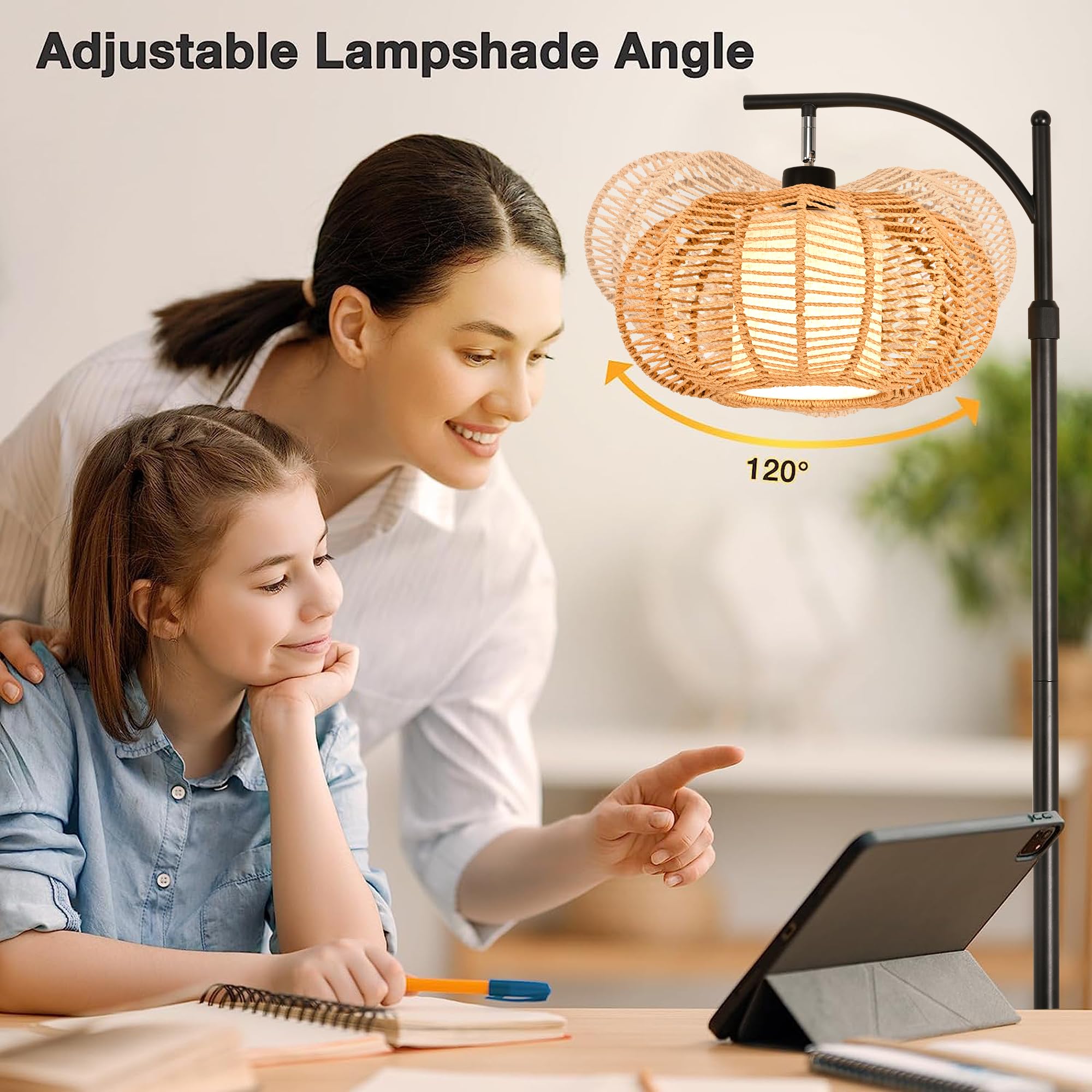 Arc Floor Lamps For Living Room Bedroom Rattan Boho Floor Lamp With Remote Control,Dimmable Floor Standing Lamp Wicker Lamp Shad