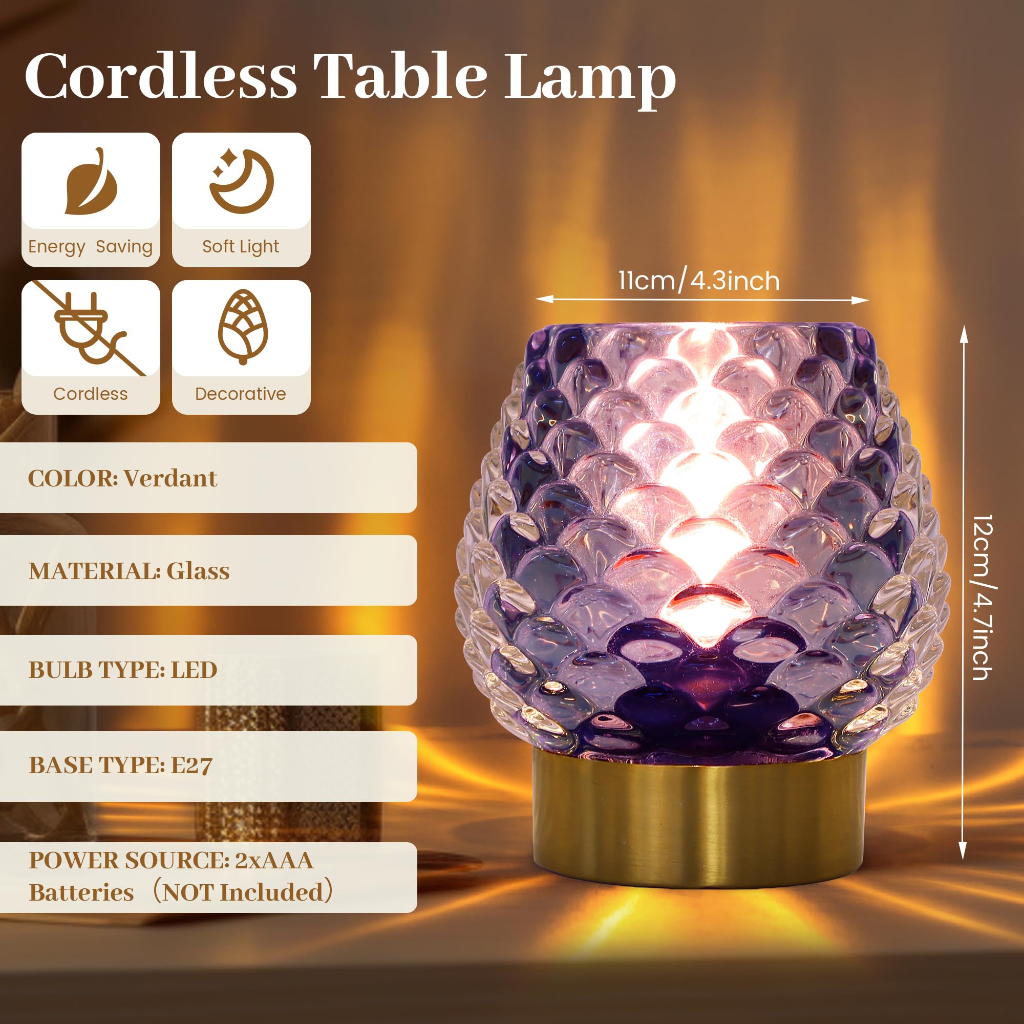 Cycodo Battery Operated Lamp with Timer, Glass, Purple, Mini Size, Model TB-AC1, Decorative for Small Spaces