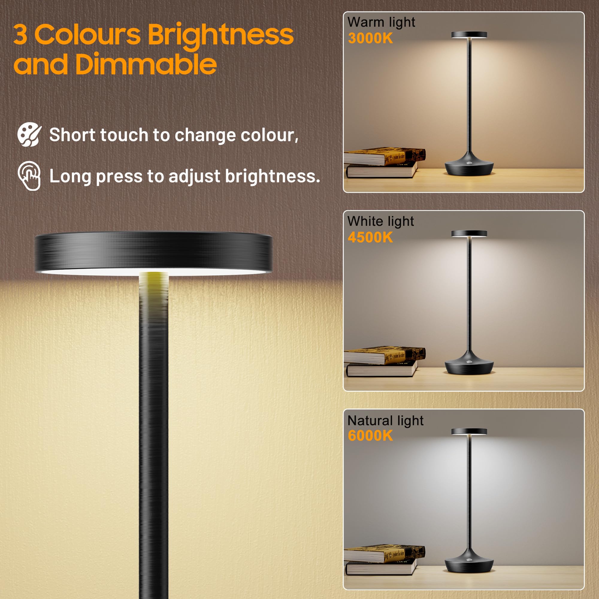 Sikevht Cordless Table Lamp, Rechargeable Battery Operated Led Desk Lamp, 3-Color Stepless Dimming, Portable & Waterproof, For R