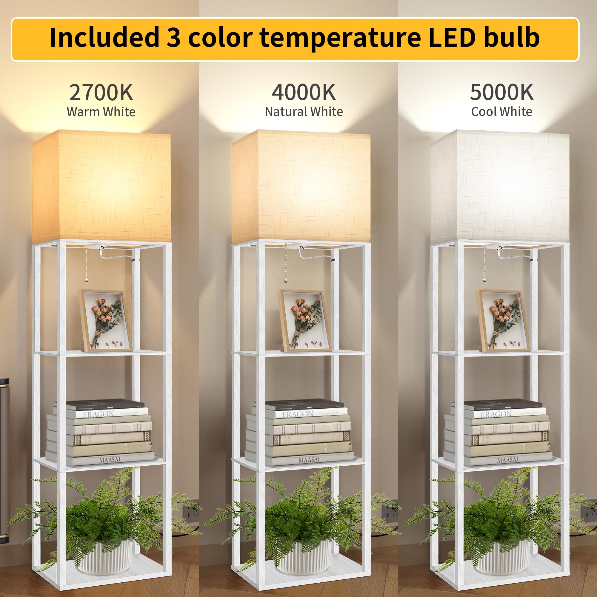 Dott Arts Floor Lamp with Shelves, 15.7in Wide, Wood, White, Model WLM1600-FLA-15W-12, 3 Color LED Bulb