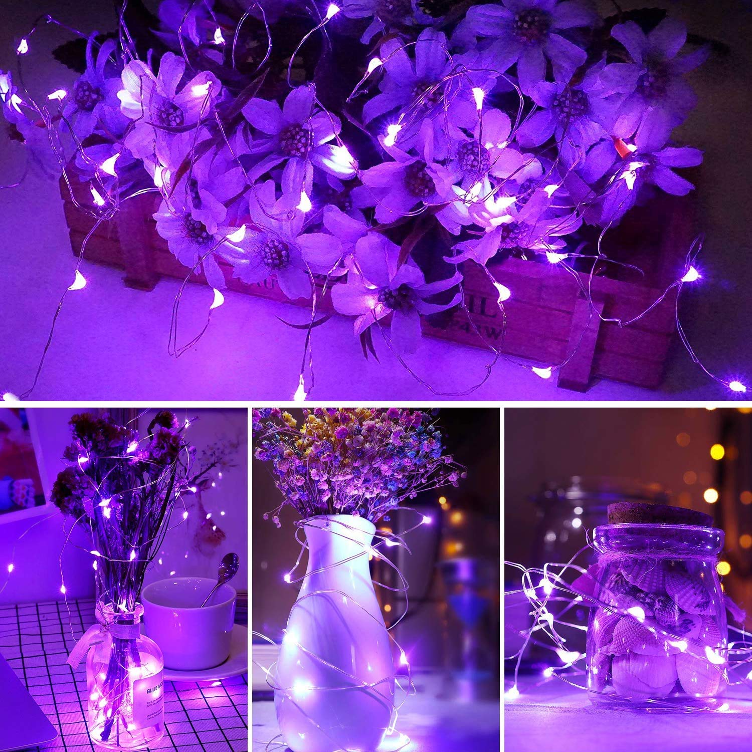 Yalilong With Timer Function Battery Operated Dewdrop Led Lights,Mini Fairy Lights For Home Parties Christmas/Halloween Holiday Decoration,6 Hours On/18 Hours Off,30 Leds,10 Feet (Purple, 4)